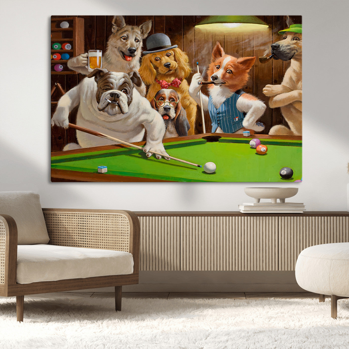 34228-MGV-CV-36X24-Dogs Playing Pool Wall Art Canvas Print, Framed Funny Dog Art Picture Print, Dog Perfect Game Room Decor Artwork