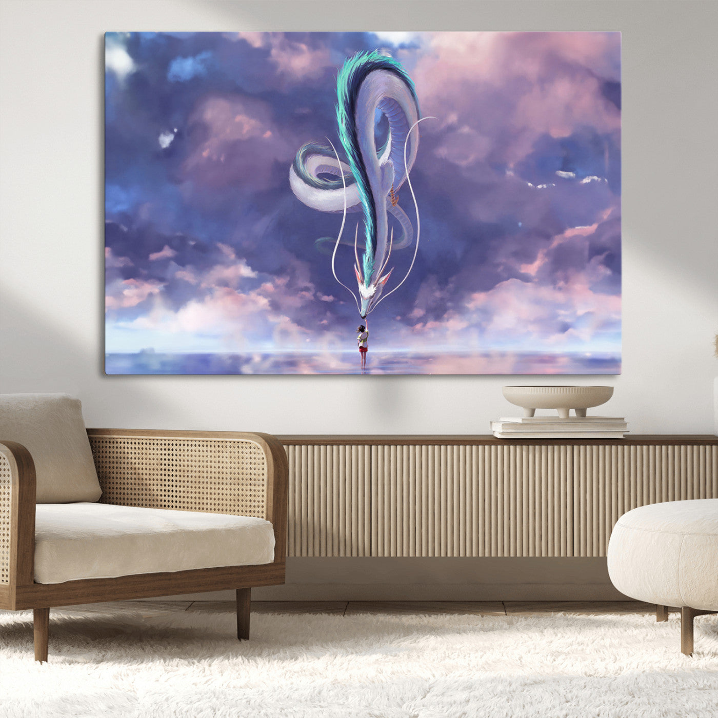 66864-MGV-CV-36X24-Fantasy Dragon Wall Art – Mystical Canvas Print Girl and Sky Serpent Dreamlike Clouds, Magical Anime Inspired Decor for Living