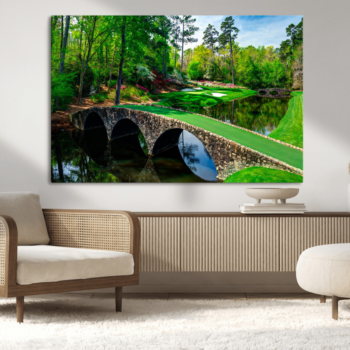 57655-MGV-CV-36X24-Golf Course Wall Art – Canvas Print Scenic Green Fairway Stone Bridge Water Reflection Landscape, Classic Sports Decor for Office,