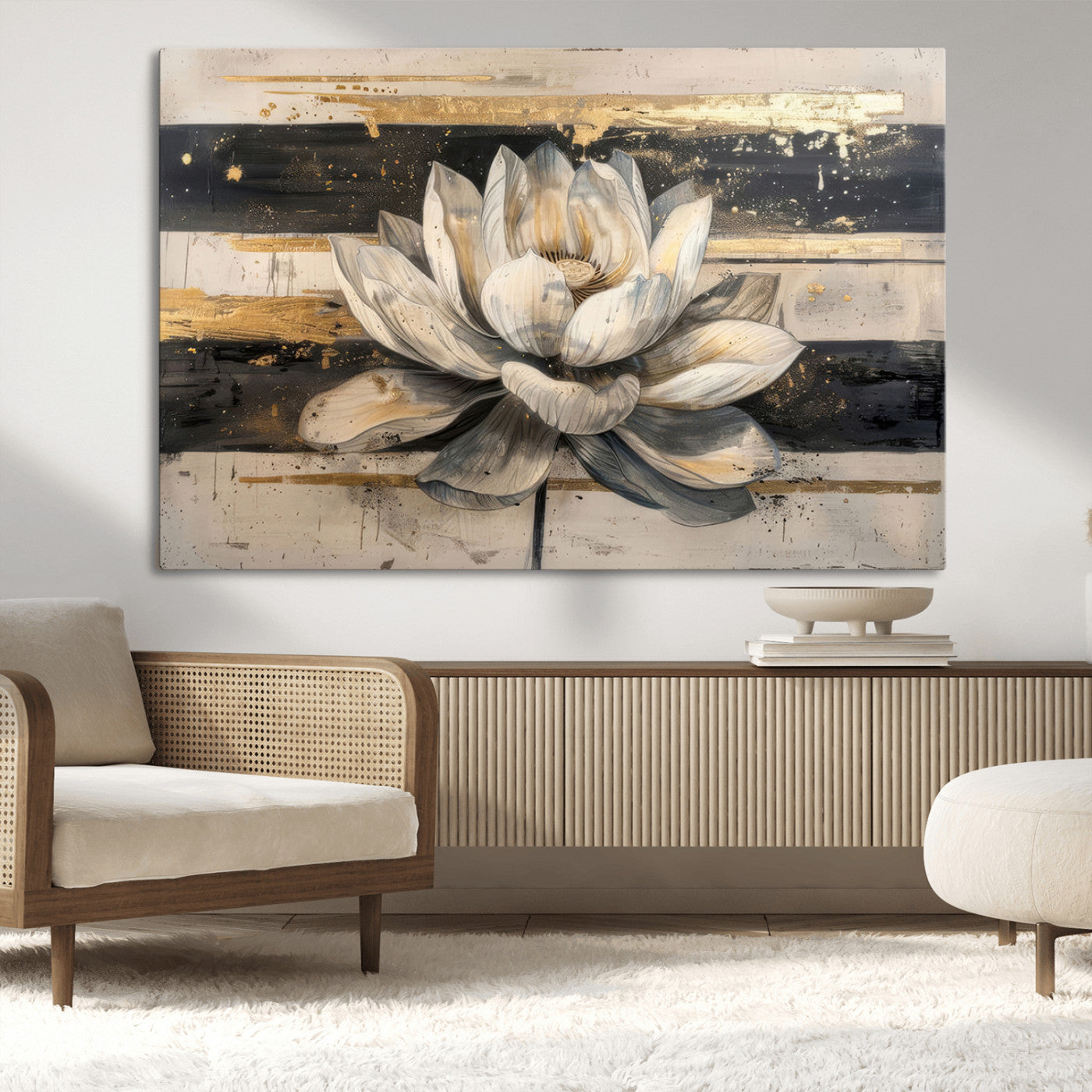 18807-MGV-CV-36X24-Lotus Flower Wall Art Canvas Print, Framed Abstract Lotus Art Picture Print, White Lotus Flower Perfect Abstract Floral Decor