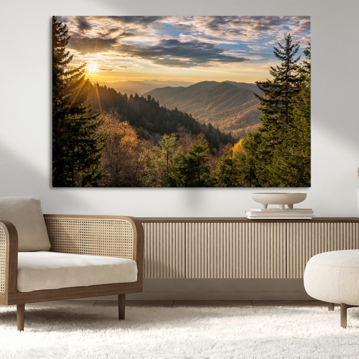 73692479-MGV-CV-36X24-Smoky Mountains Wall Art Canvas Print, Framed Forest Mountain Art Picture Print, Spring Mountain Perfect Spring Style Decor