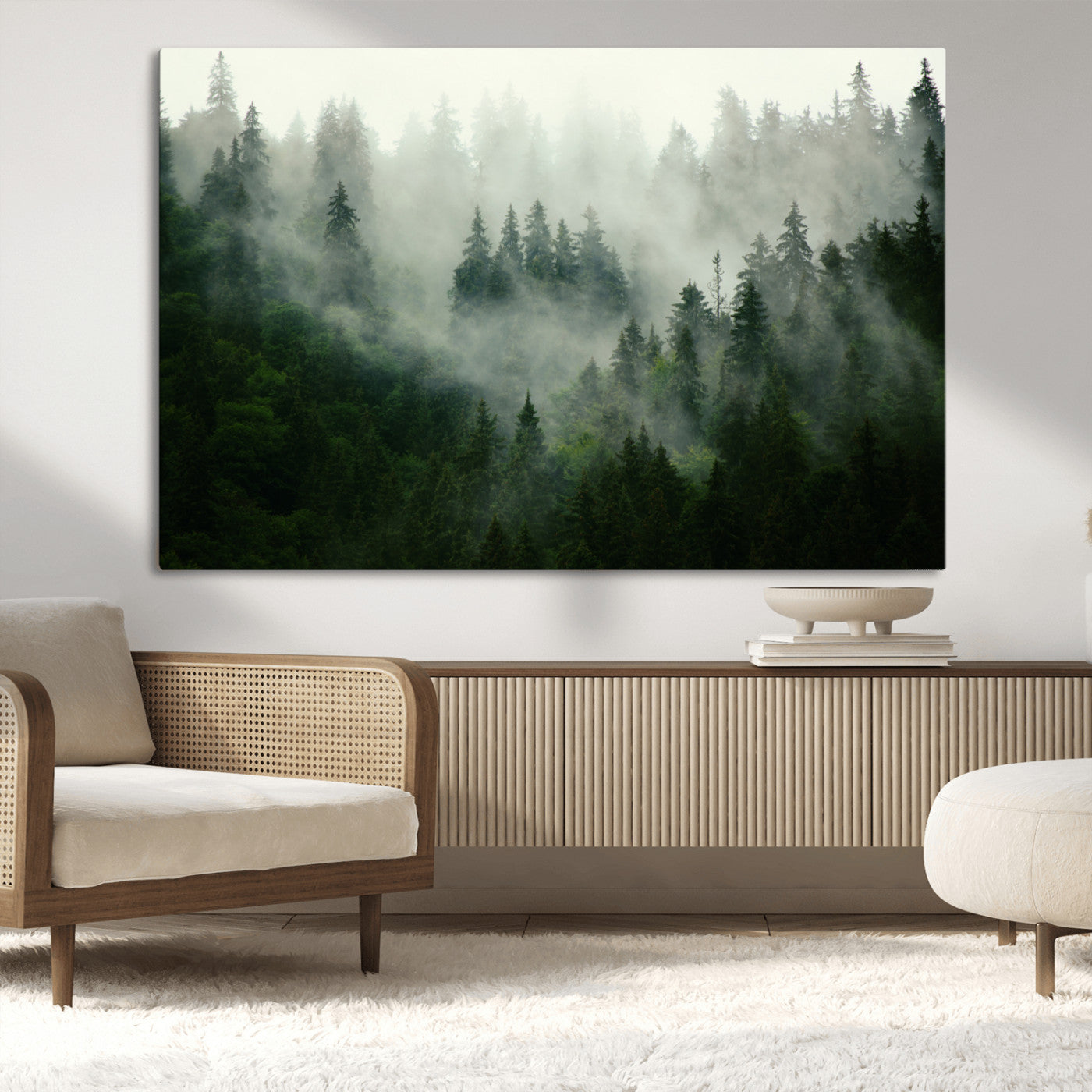167720496-MGV-CV-36X24-Misty Forest Wall Art – Serene Evergreen Trees Canvas Print, Foggy Mountain Nature Landscape Decor for Bedroom, Living Room or