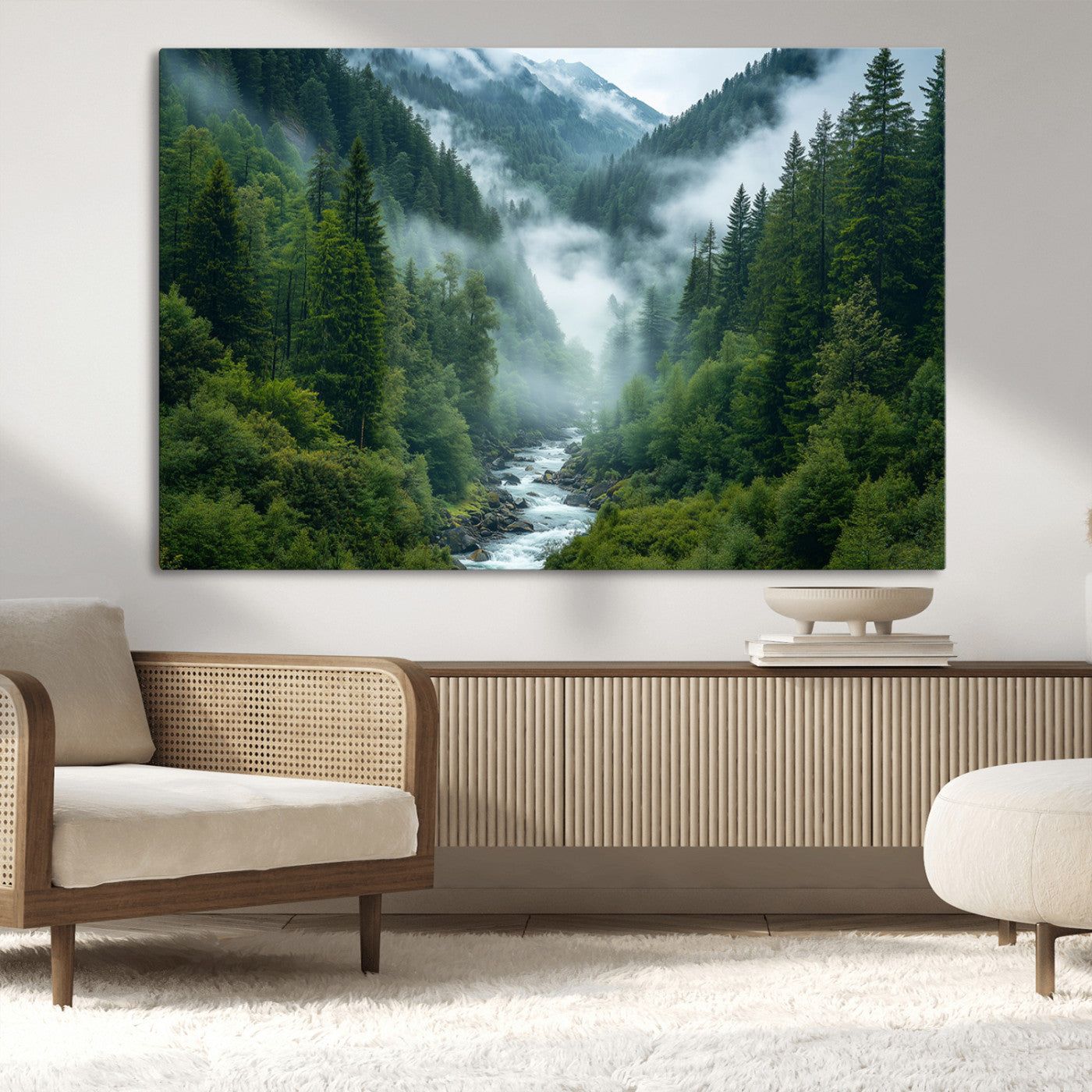 69453-MGV-CV-36X24-Mountain Forest Wall Art – Misty River and Evergreen Landscape Canvas Print, Nature Photography Poster for Living Room, Bedroom,