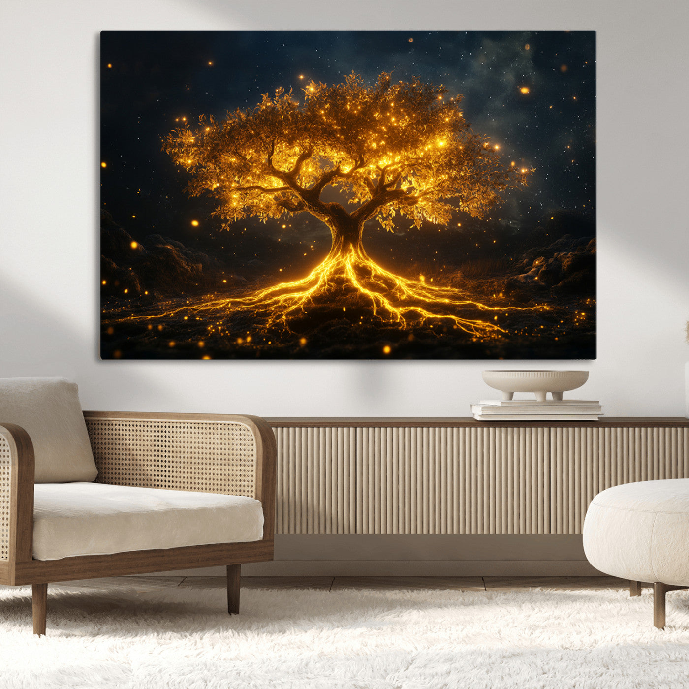 60194-MGV-CV-36X24-Glowing Tree Wall Art – Golden Roots Fantasy Canvas Print, Mystical Illuminated Tree Painting Poster for Living Room, Bedroom,