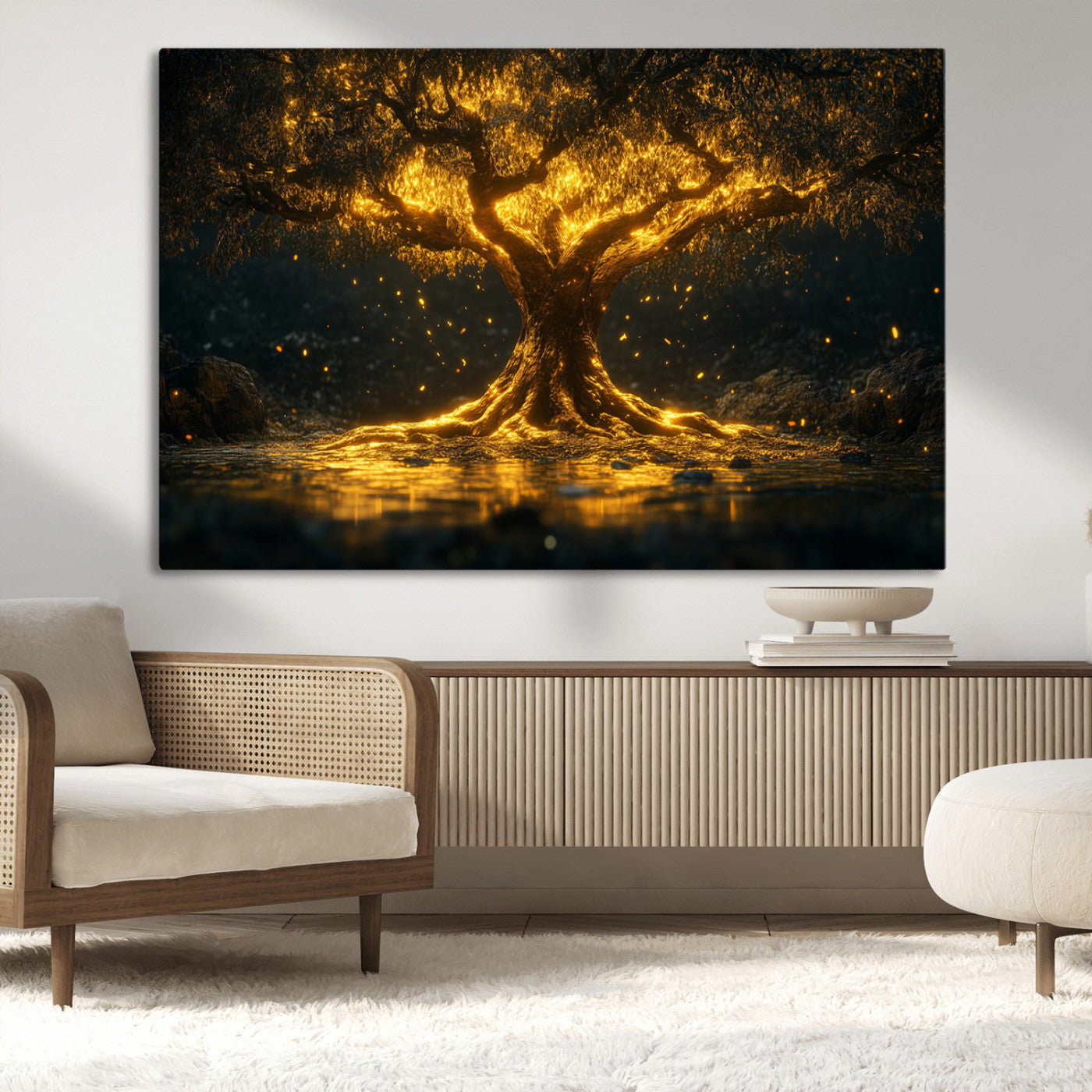 59580-MGV-CV-36X24-Glowing Tree Wall Art – Golden Fantasy Nature Canvas Print, Mystical Illuminated Tree Painting Poster for Living Room, Bedroom,