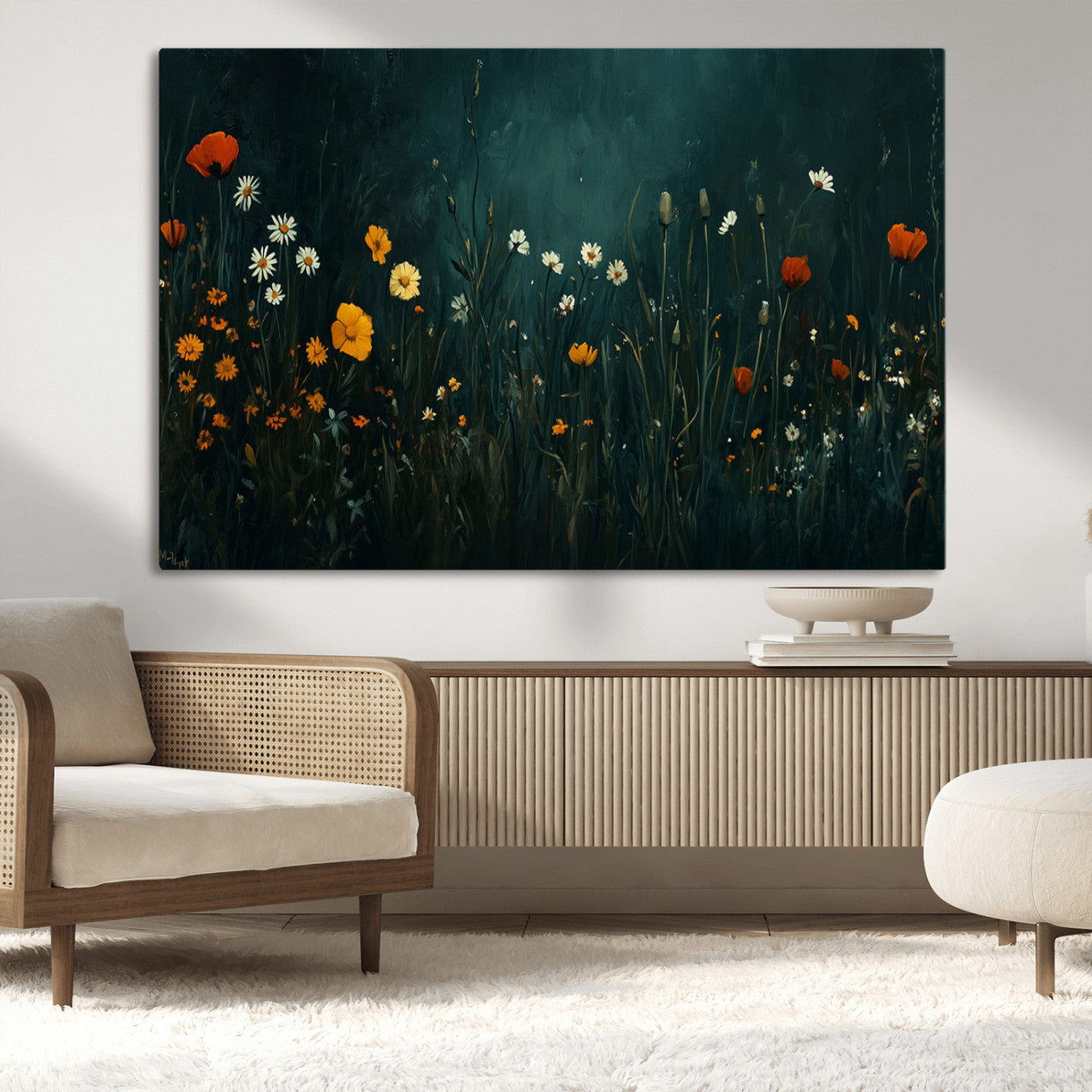 87037-MGV-CV-36X24-Wildflower Wall Art – Dark Botanical Floral Canvas Print, Modern Nature Painting Poster with Daisies Poppies Orange Flowers for