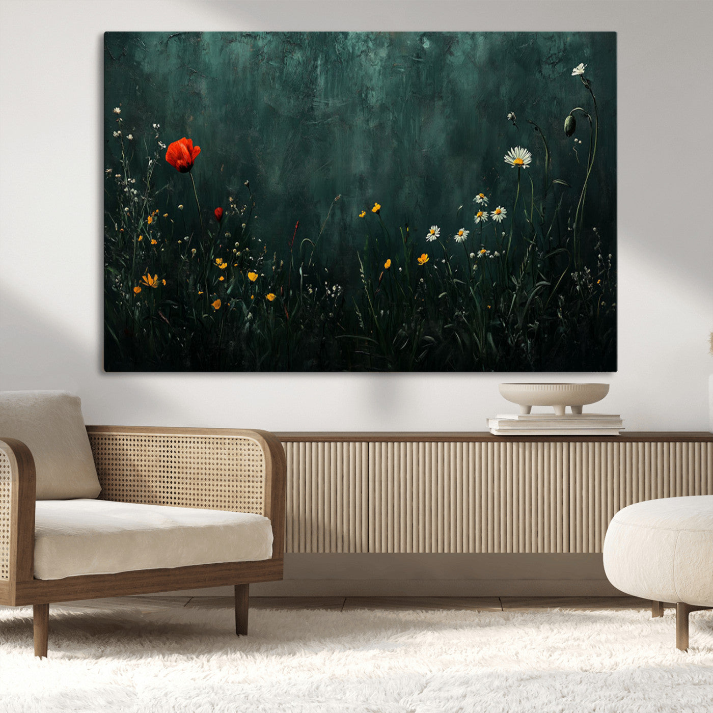26218-MGV-CV-36X24-Wildflower Wall Art – Dark Botanical Floral Canvas Print, Modern Nature Painting Poster with Daisy Poppy Yellow Flowers for Living