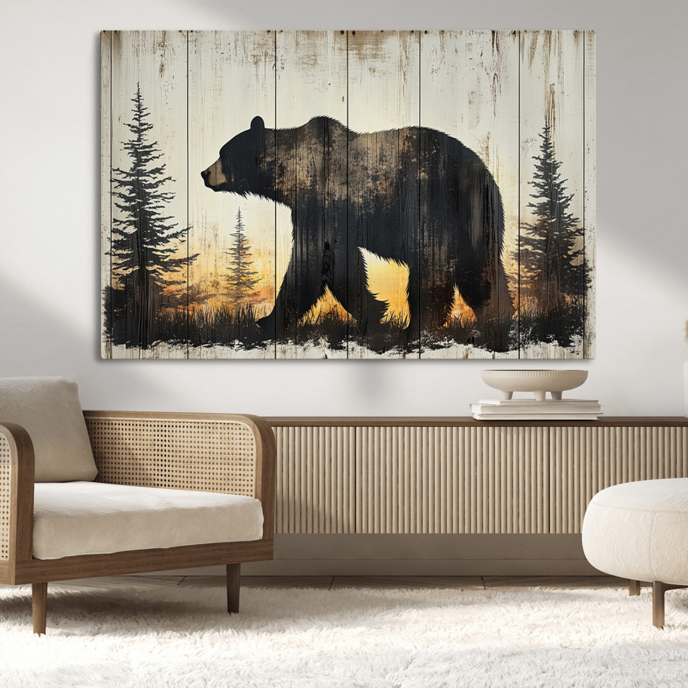 83875-MGV-CV-36X24-Sunset Bear Wall Art – Rustic Wildlife Canvas Print with Forest Silhouette, Cabin Lodge Decor for Living Room or Office