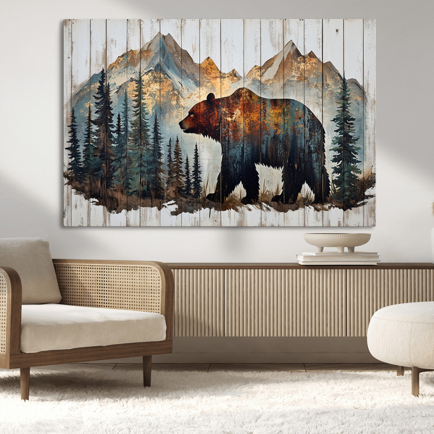55777-MGV-CV-36X24-Rustic Bear Wall Art Canvas Print, Framed Mountain and Forest Art Picture Print, Wooden Bear Perfect Rustic Lodge Decor Artwork