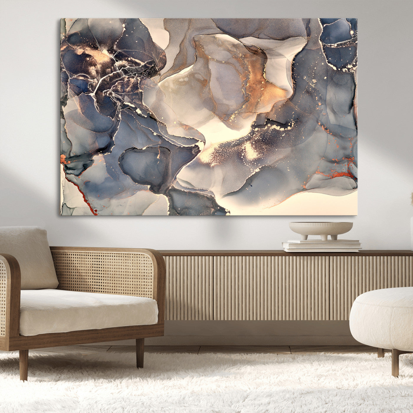 18202-MGV-CV-36X24-Abstract Neutral Wall Art – Blue, Beige and Gold Fluid Ink Canvas Print, Modern Minimalist Painting for Living Room, Office