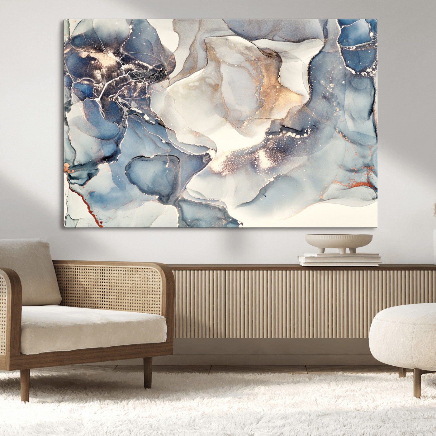 51497-MGV-CV-36X24-Abstract Blue and Gold Wall Art – Modern Fluid Ink Style Canvas Print, Elegant Contemporary Decor for Living Room, Office