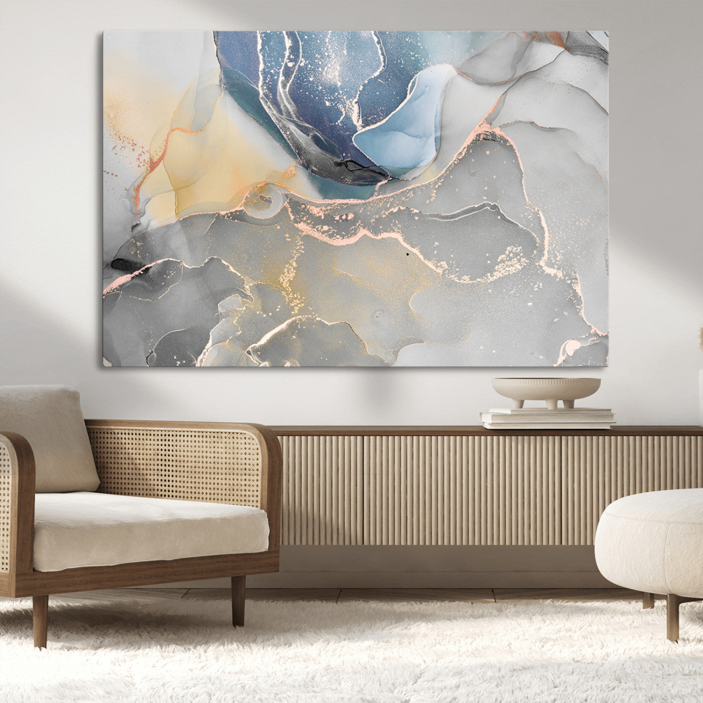 18176-MGV-CV-36X24-Abstract Fluid Wall Art – Modern Marble Ink Canvas Print with Blue, Gold, and Gray Tones, Contemporary Minimal Artwork Decor for
