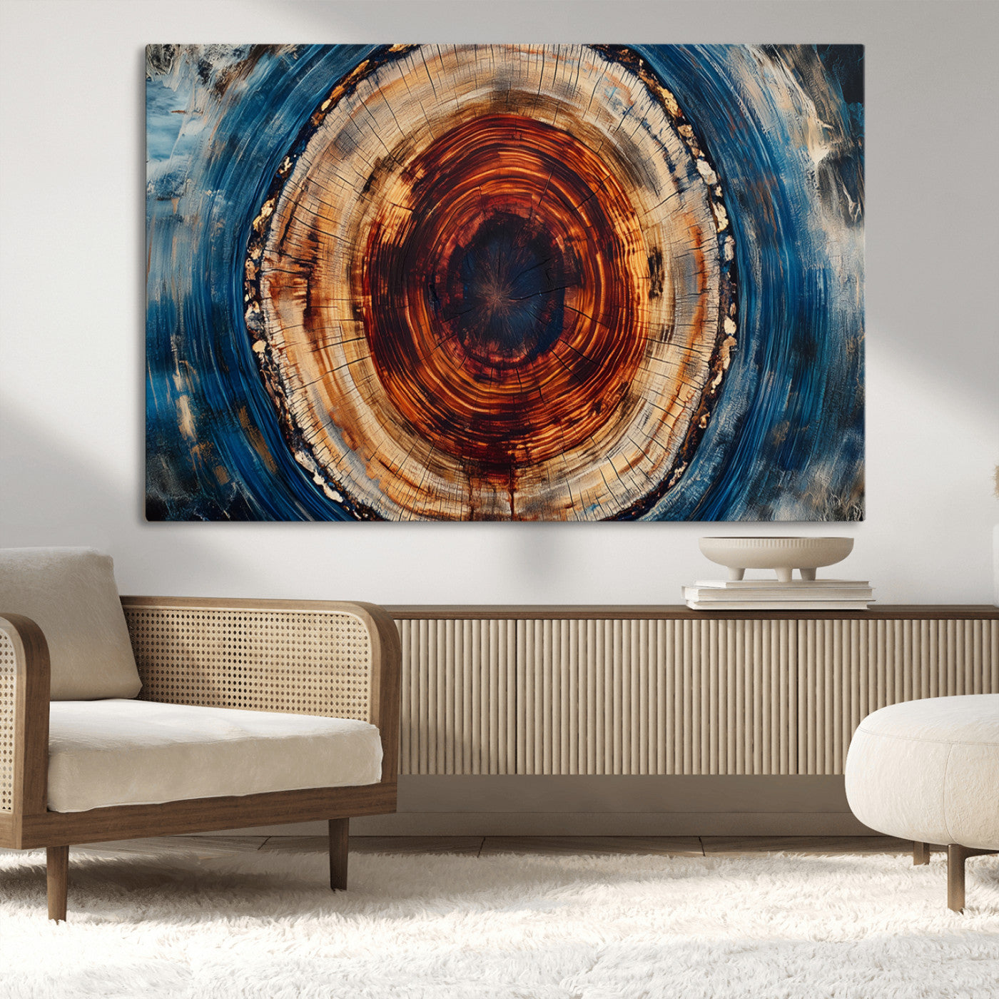 90395-MGV-CV-36X24-Tree Ring Wall Art – Abstract Wood Grain Canvas Print with Fiery Red and Blue Tones, Bold Rustic Nature Inspired Artwork Decor for