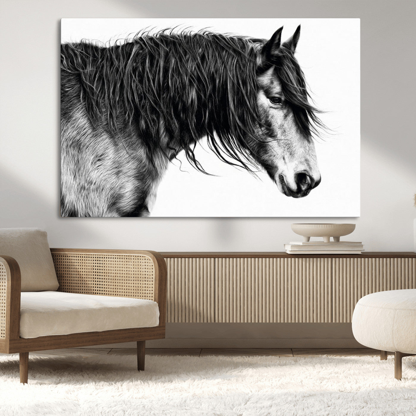 57694-MGV-CV-36X24-Horse Portrait Wall Art – Black and White Canvas Print with Detailed Stallion Profile, Rustic Farmhouse Equestrian Artwork for