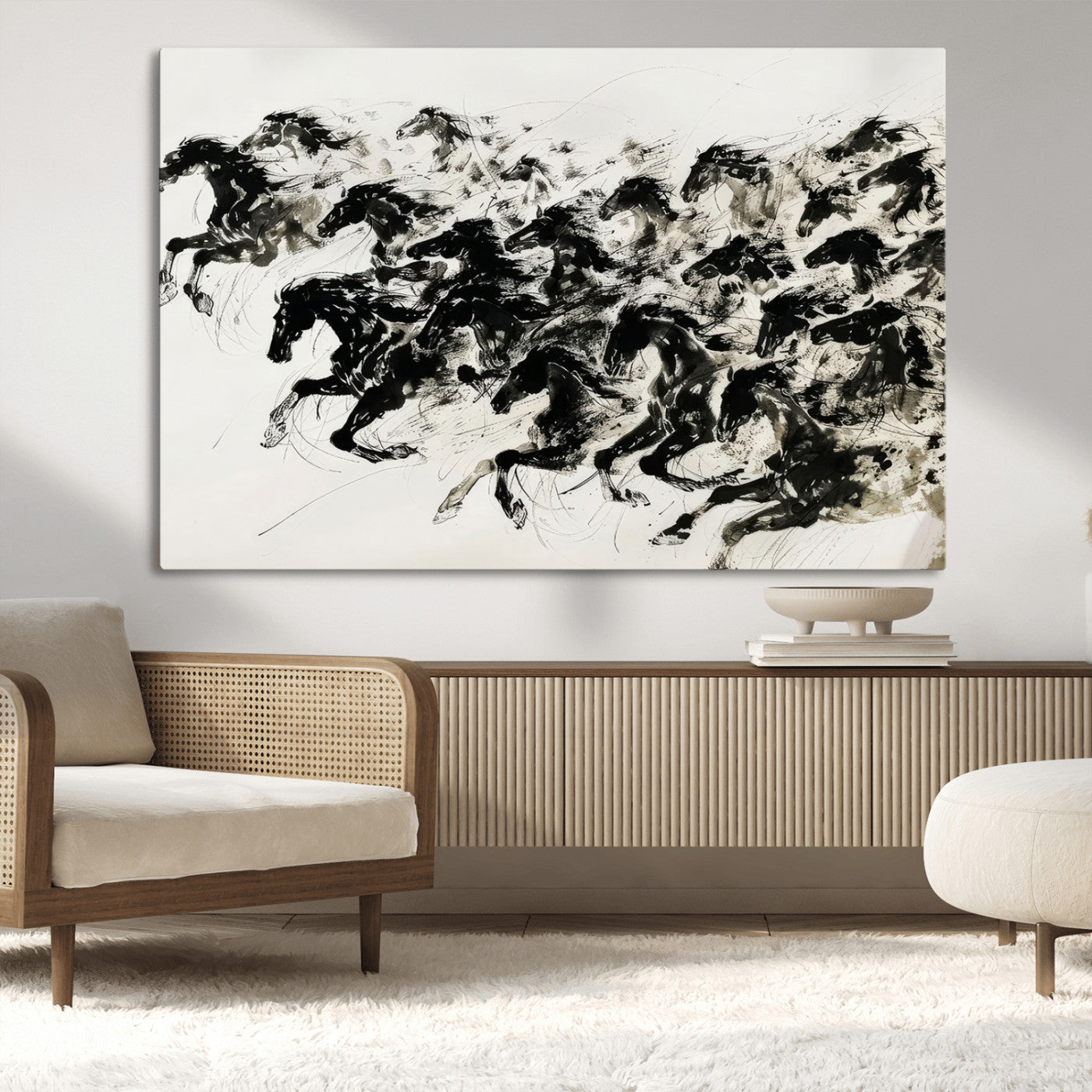 23069-MGV-CV-36X24-Galloping Horses Wall Art – Black Ink Painting on Canvas, Dynamic Equestrian Artwork with Running Stallions, Expressive Modern