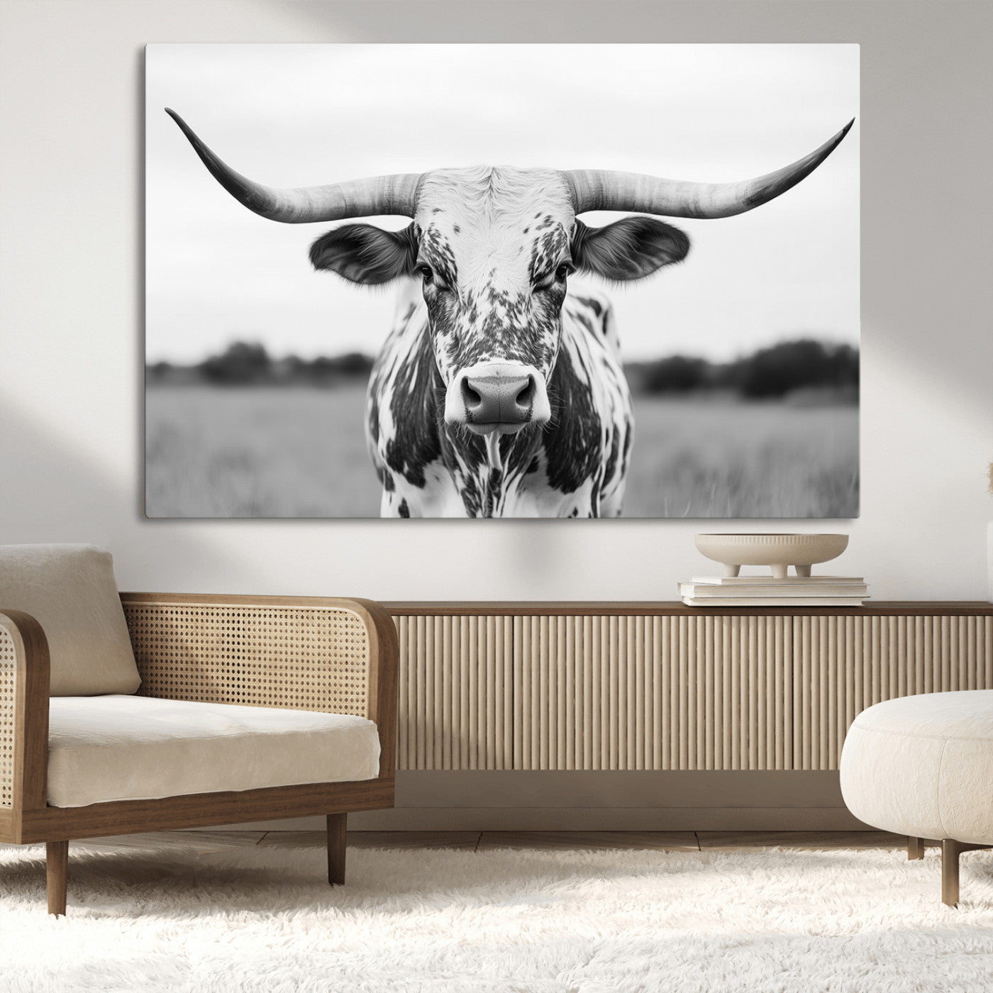 20272-MGV-CV-36X24-Texas Longhorn Wall Art – Black and White Cowboy Western Canvas Print, Rustic Farmhouse Cattle Photography Decor for Ranch, Barn