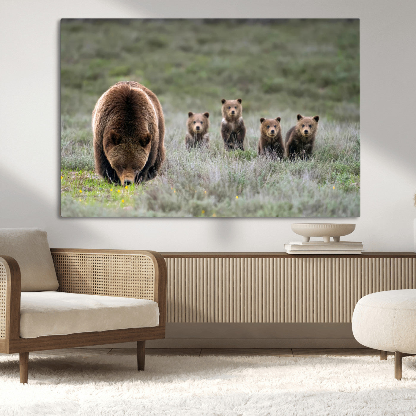 65087B-MGV-CV-36X24-Bear Family Wall Art – Wildlife Canvas Print Featuring Mother Bear with Cubs in Nature, Rustic Animal Artwork for Living Room,