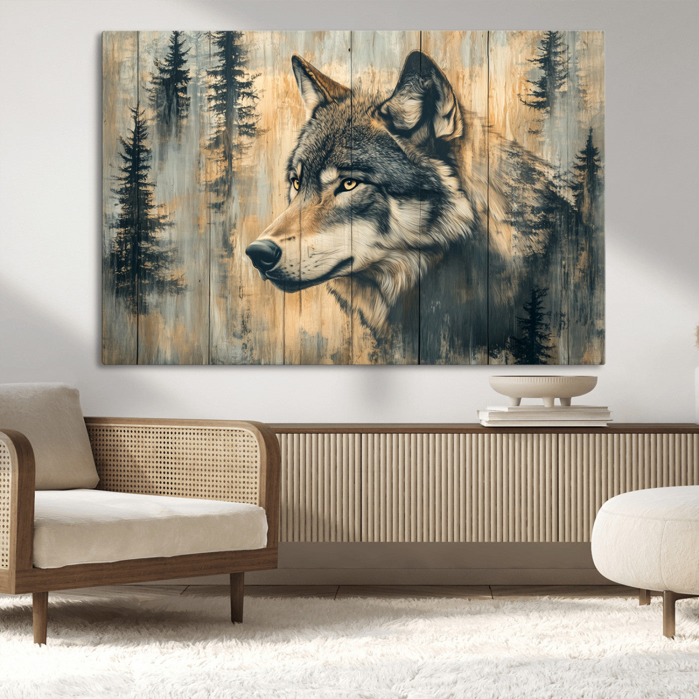 51892-MGV-CV-36X24-Wolf Wall Art – Rustic Canvas Print of Wolf with Forest Trees on Wood Texture, Wildlife Lodge Artwork for Living Room, Bedroom,