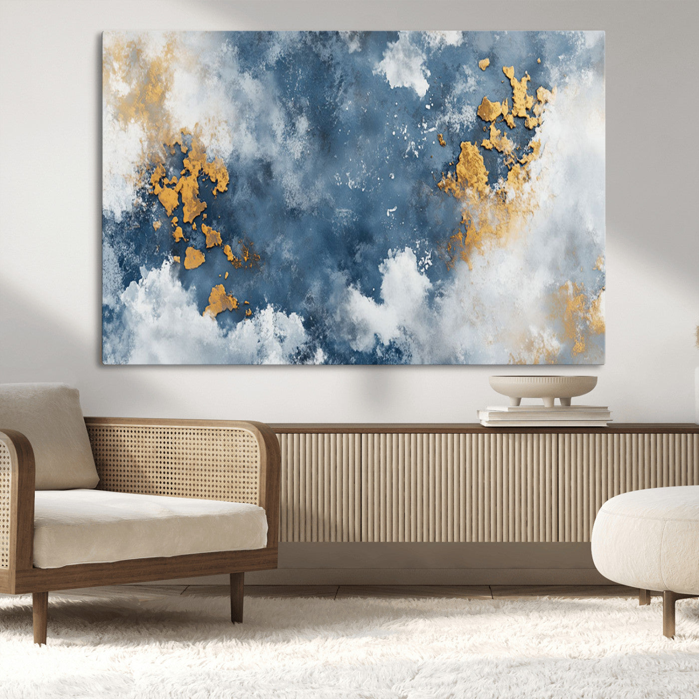 39575-MGV-CV-36X24-Blue and Gold Abstract Wall Art – Modern Canvas Print Featuring Cloudy Textures with Metallic Accents, Contemporary Artwork for