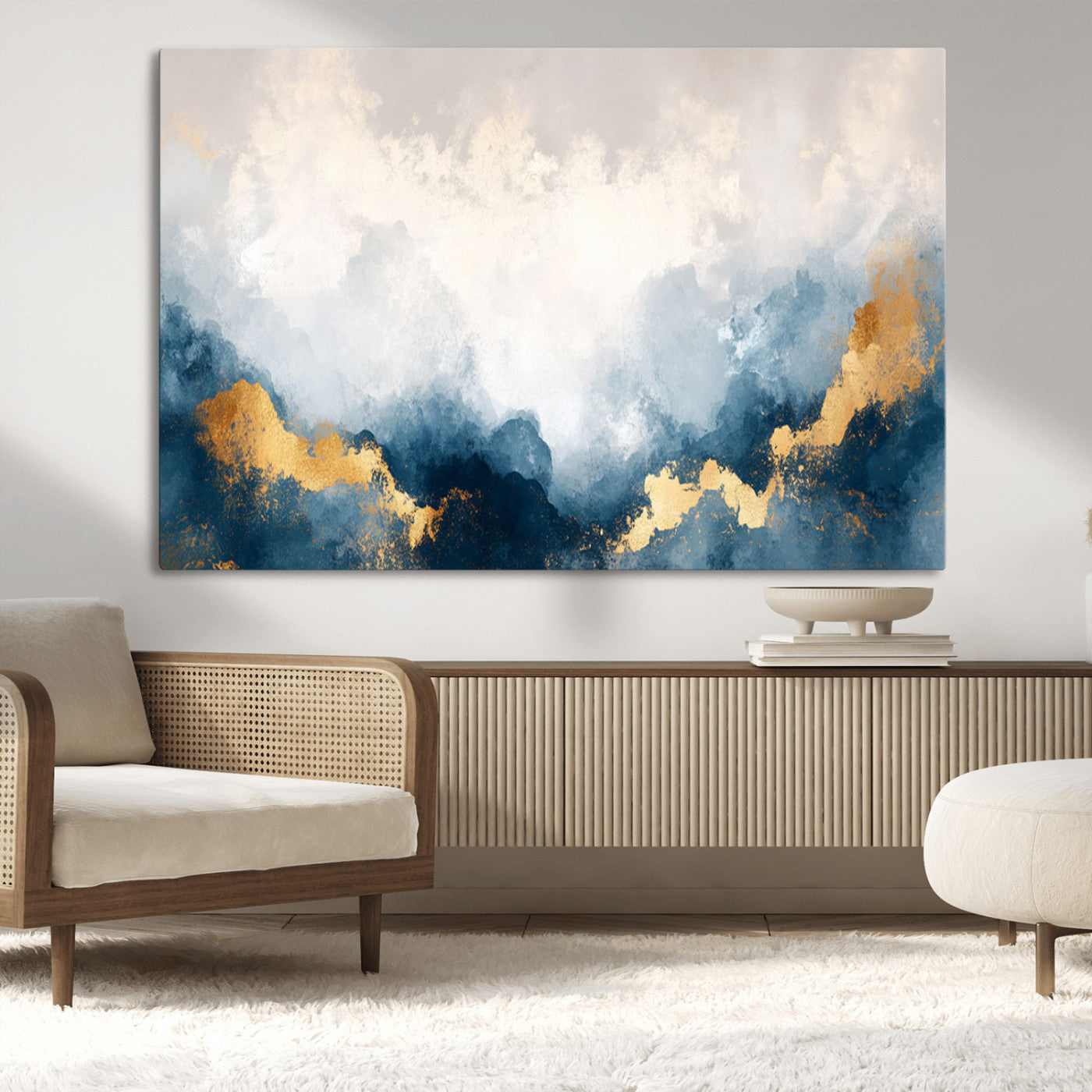 14578-MGV-CV-36X24-Abstract Wall Art – Modern Canvas Print Featuring Blue and White Clouds with Golden Accents, Contemporary Elegant Artwork for