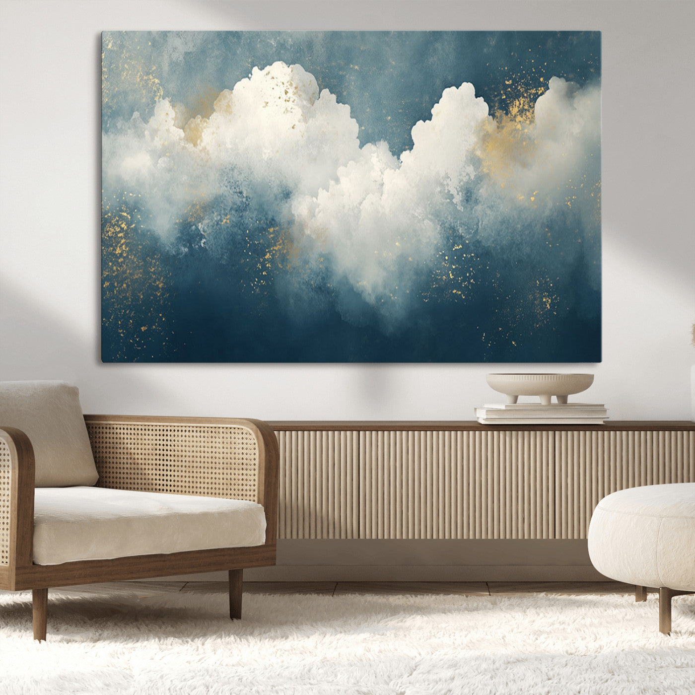 75131-MGV-CV-36X24-Abstract Cloud Wall Art – Modern Canvas Print Featuring Blue and White Clouds with Golden Accents, Contemporary Artwork for Living