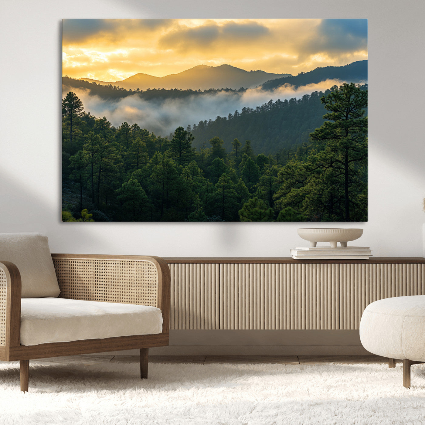 68082278-MGV-CV-36X24-Mountain Sunrise Wall Art Canvas Print, Framed Pine Forest Art Picture Print, Misty Mountains Perfect Earthy Woodland Decor