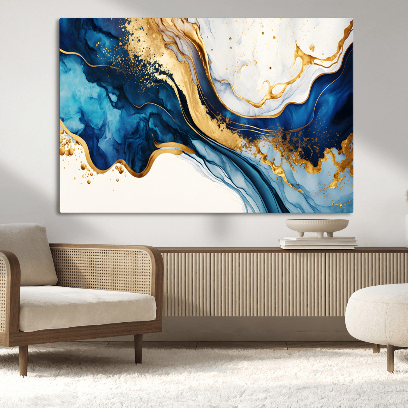60283636-MGV-CV-36X24-Blue Gold Flow Wall Art Canvas Print, Framed Marble Texture Art Picture Print, Elegant Splash Perfect Elegant Abstract Decor