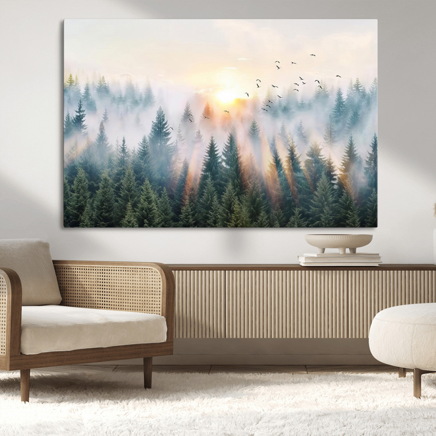 92718976-MGV-CV-36X24-Misty Forest Wall Art Canvas Print, Framed Sunrise Pines Art Picture Print, Foggy Woodland Perfect Moody Woodland Decor Artwork