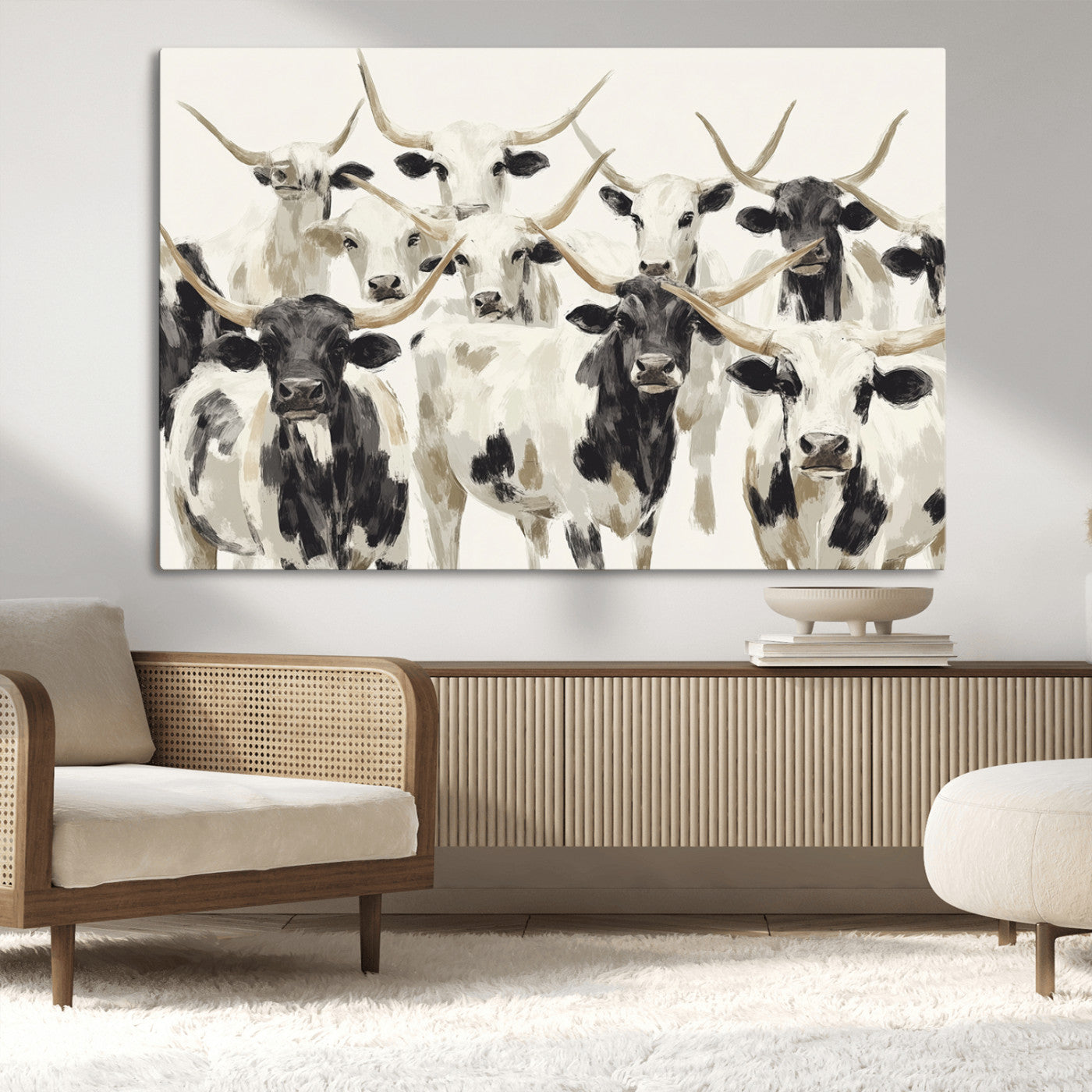 52947970-MGV-CV-36X24-Texas Longhorn Wall Art Canvas Print, Framed Cattle Herd Art Picture Print, Herd Portrait Perfect Modern Farmhouse Decor Artwork