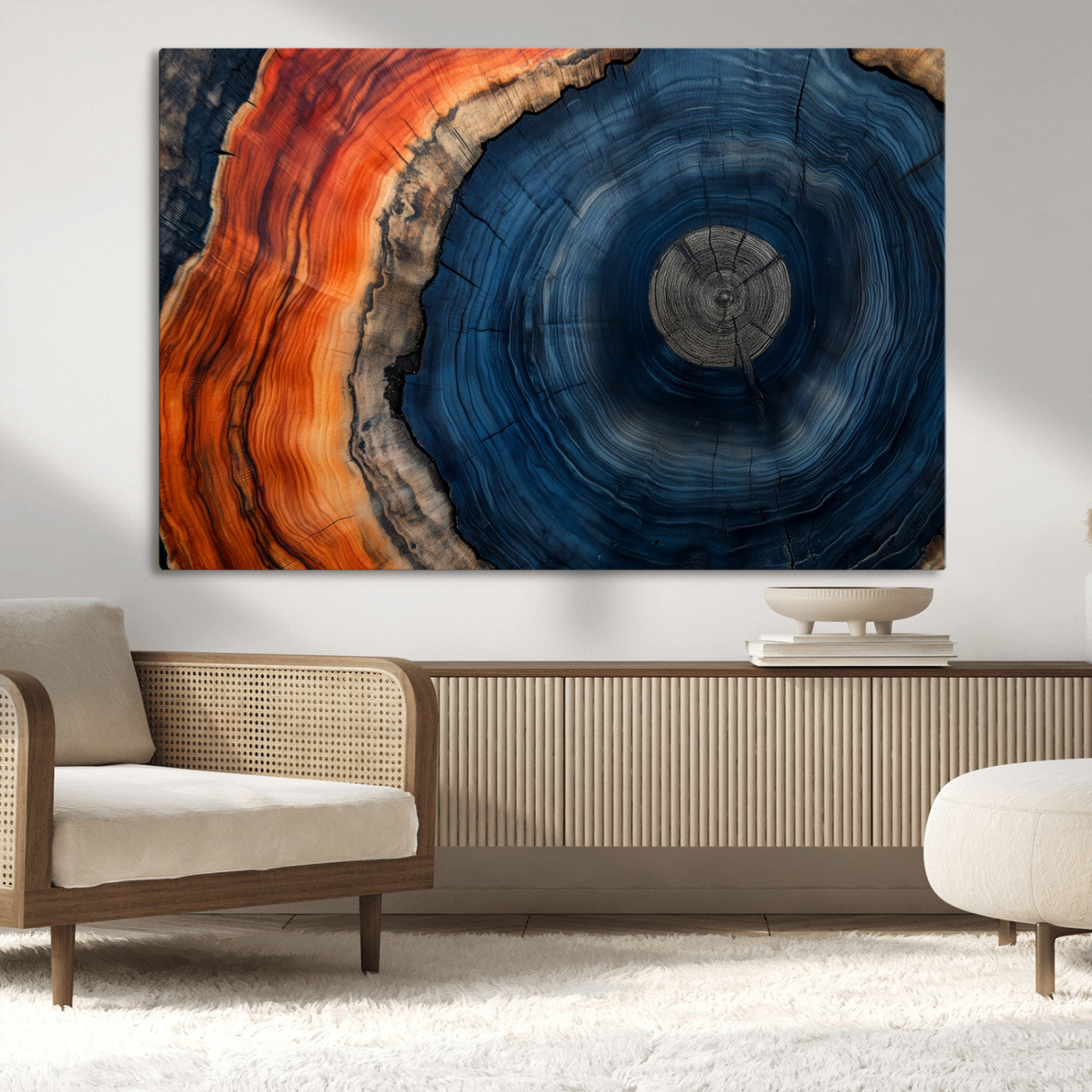 99491700-MGV-CV-36X24-Tree Ring Canvas Wall Art – Blue Orange Abstract Wood Grain Print, Rustic Modern Nature Artwork for Living Room, Office, Bedroom