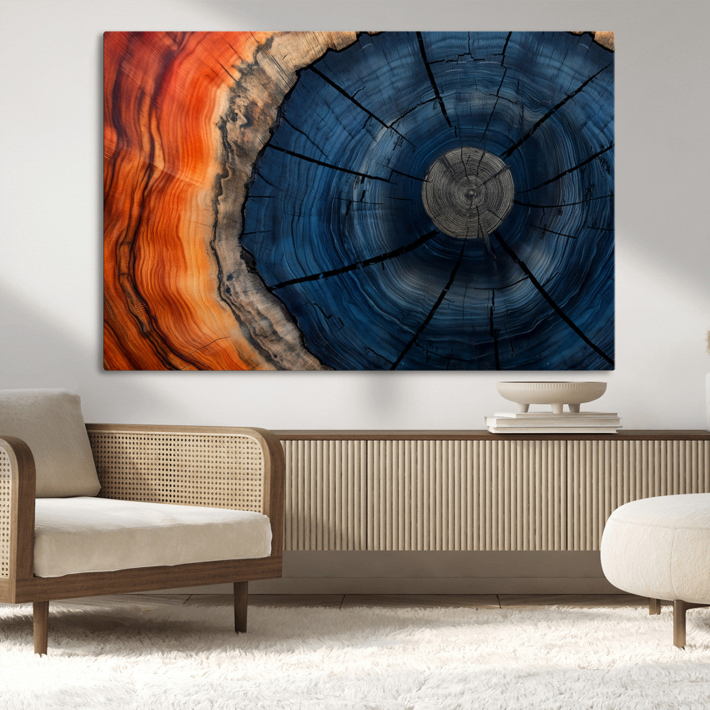 26110607-MGV-CV-36X24-Blue and Orange Tree Ring Wall Art – Abstract Wood Cross Section Canvas Print, Modern Rustic Nature Decor for Living Room, Office,