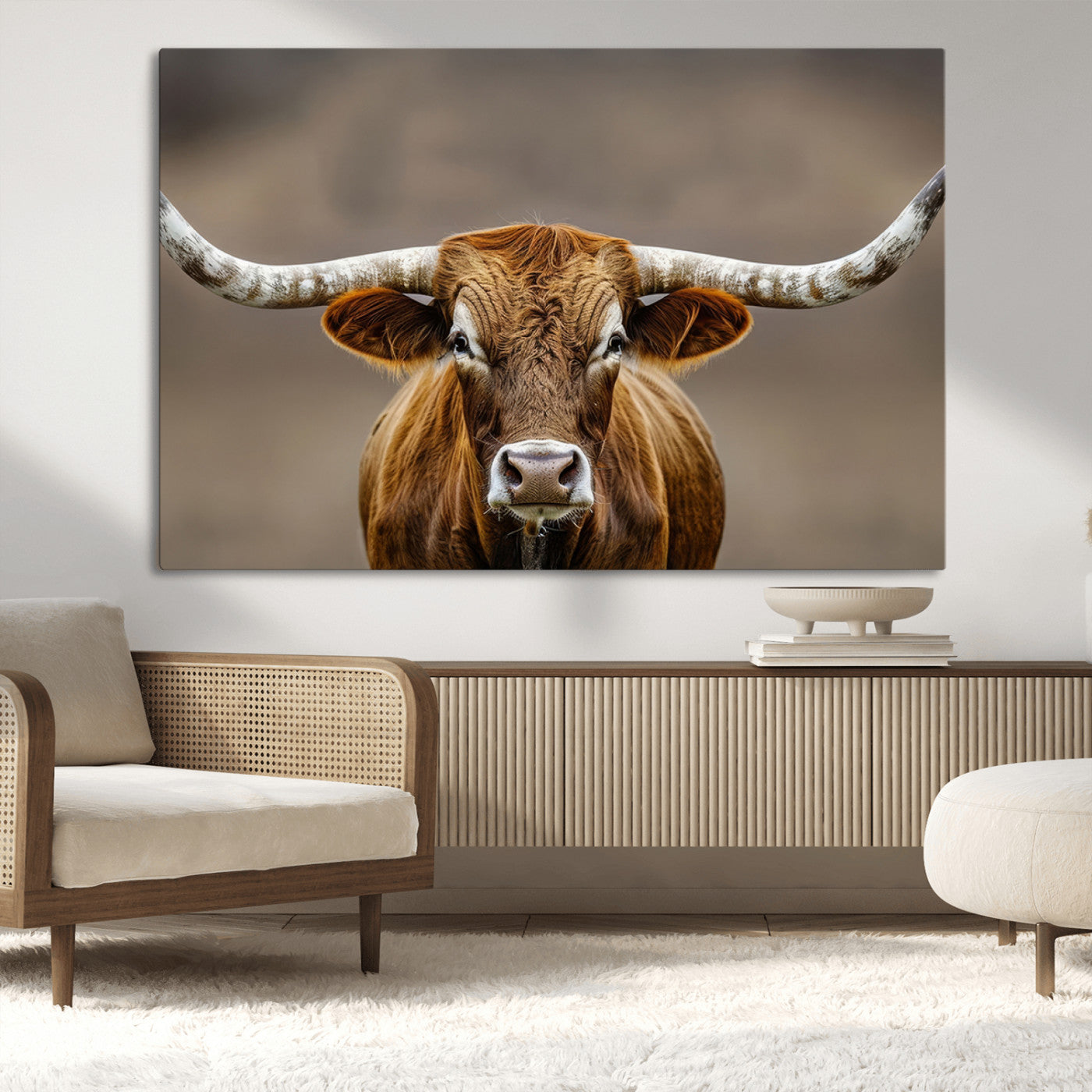 12179171-MGV-CV-36X24-Texas Longhorn Wall Art Canvas Print, Framed Brown Bull Art Picture Print, Lone Cattle Perfect Rustic Western Decor Artwork