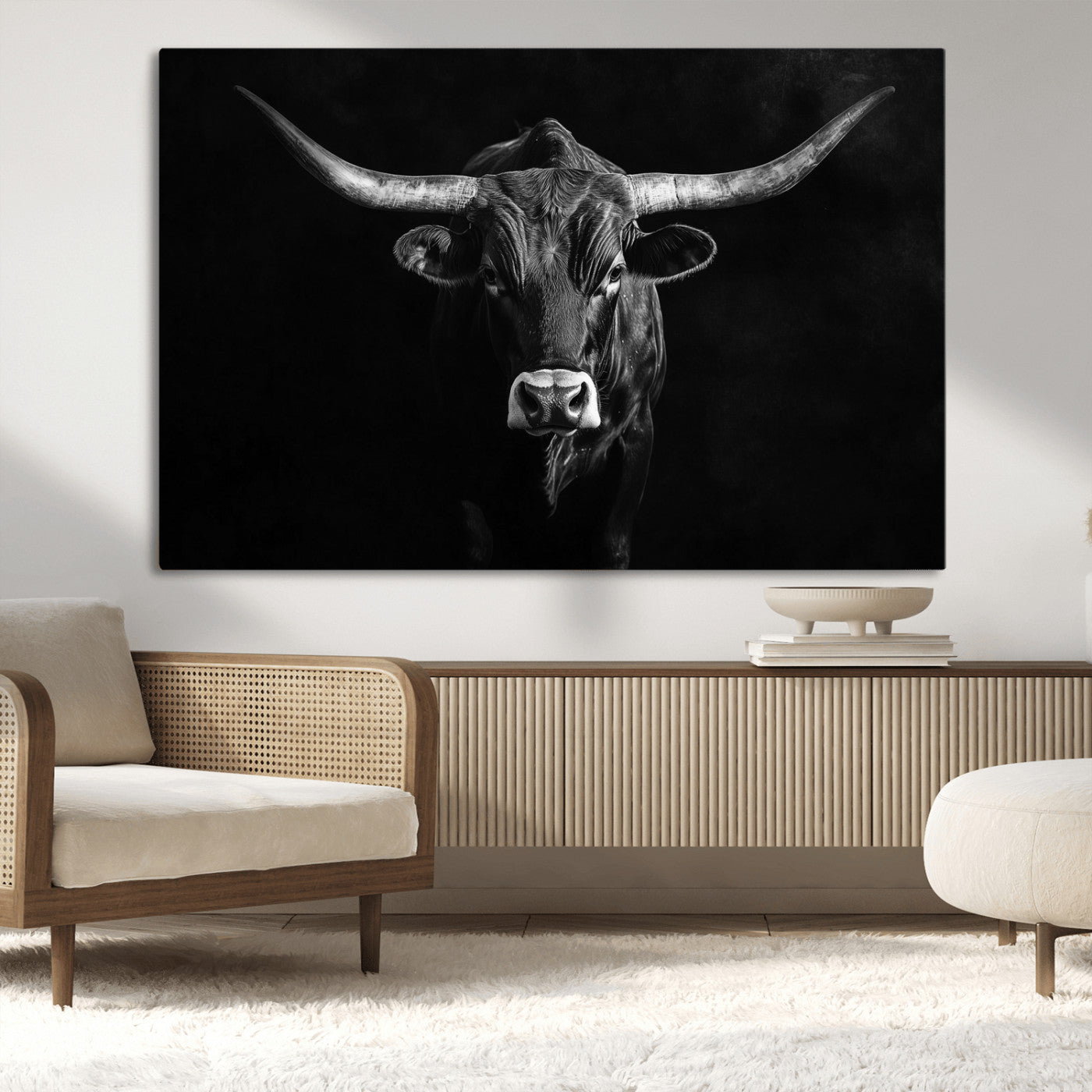 42077175-MGV-CV-36X24-Texas Longhorn Wall Art Canvas Print, Framed Monochrome Bull Art Picture Print, Horned Bull Perfect Rustic Western Decor Artwork