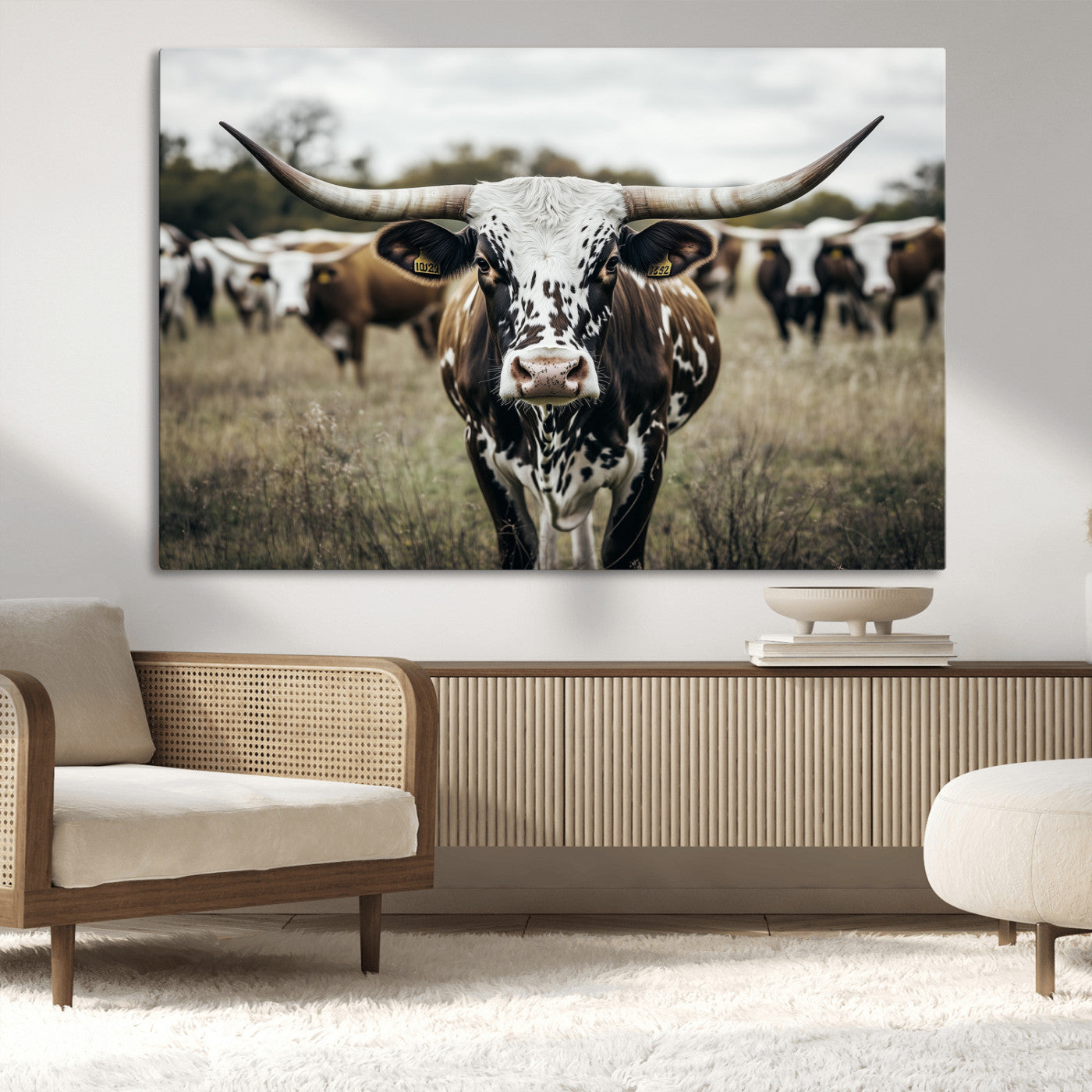 79025945-MGV-CV-36X24-Texas Longhorn Wall Art Canvas Print, Framed Speckled Cow Art Picture Print, Horned Cattle Perfect Rustic Western Decor Artwork