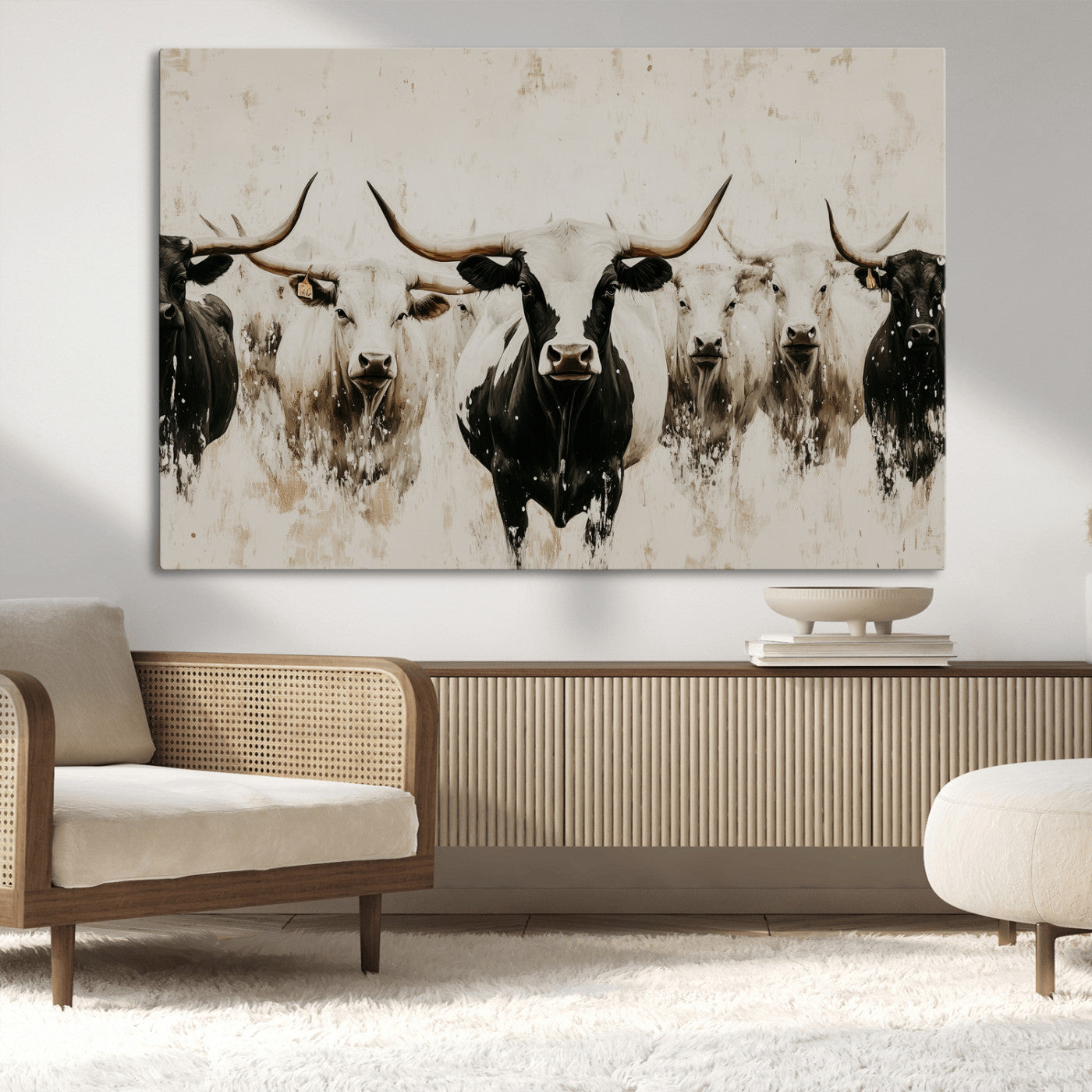 12027562-MGV-CV-36X24-Longhorn Cattle Wall Art Canvas Print, Framed Bison Herd Art Picture Print, Cattle Group Perfect Rustic Farmhouse Decor Artwork