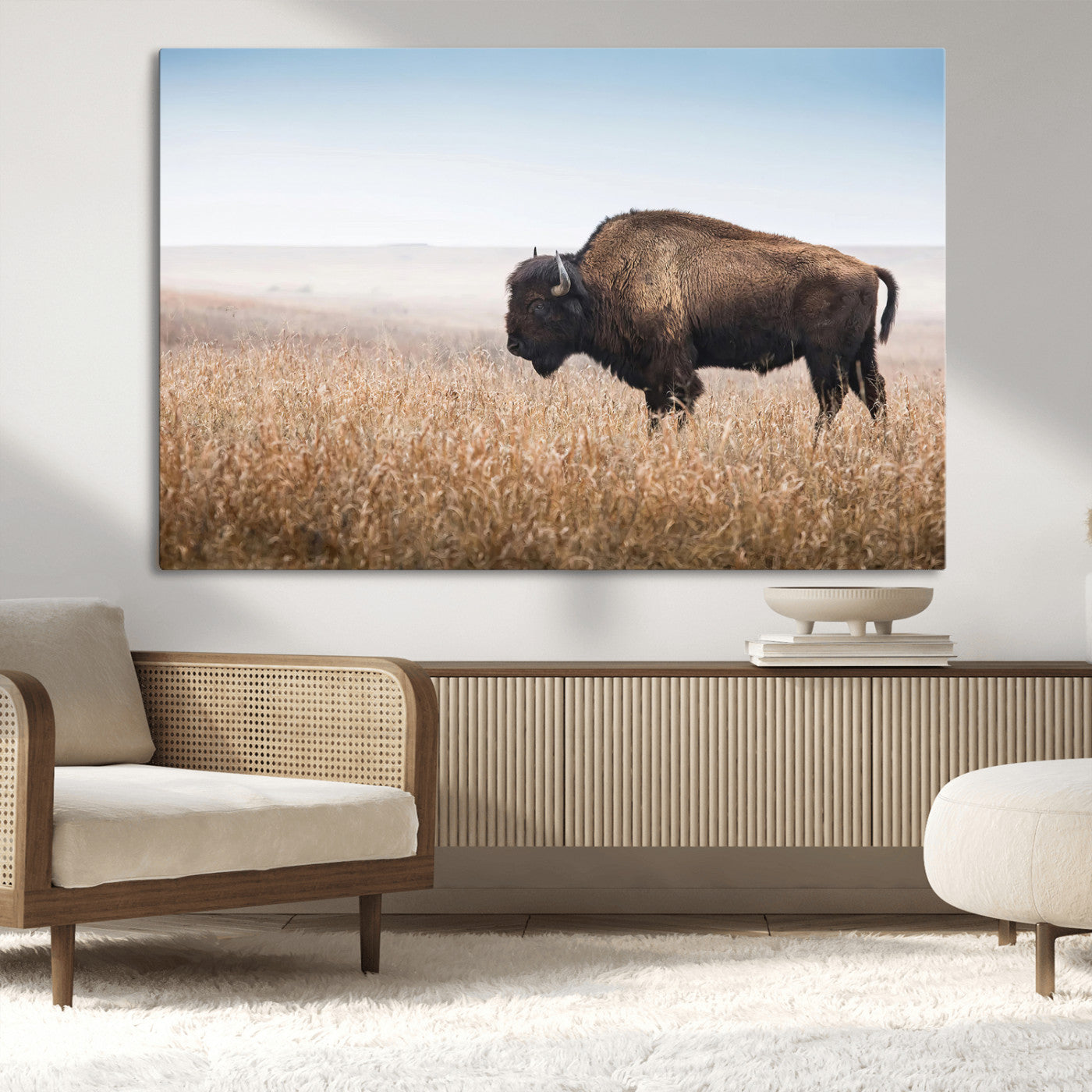 91267849-MGV-CV-36X24-Wild Bison Wall Art Canvas Print, Framed Bison in Prairie Art Picture Print, Rustic Western Perfect Rustic Western Decor Artwork