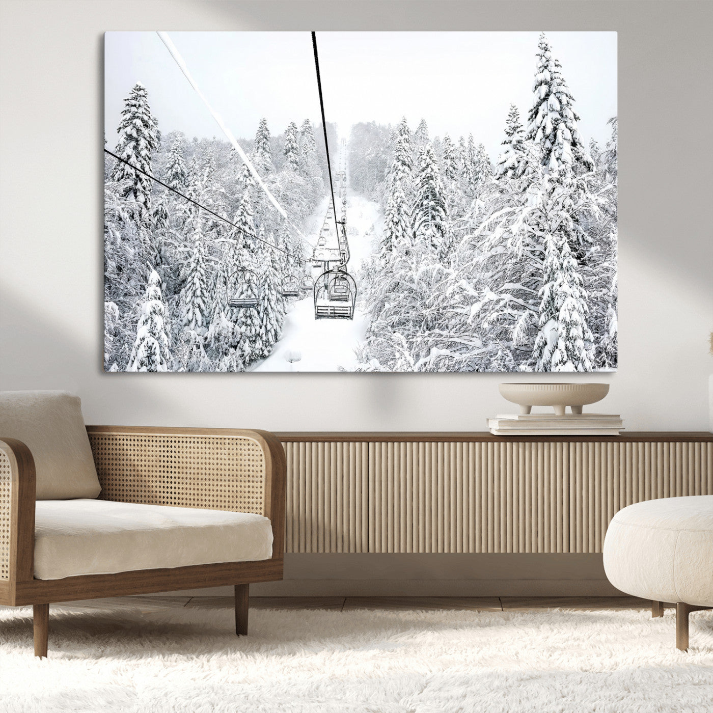 60296839-MGV-CV-36X24-Snowy Mountains Wall Art Canvas Print, Framed Ski Lift Art Picture Print, Winter Forest Perfect Winter Minimalist Decor Artwork
