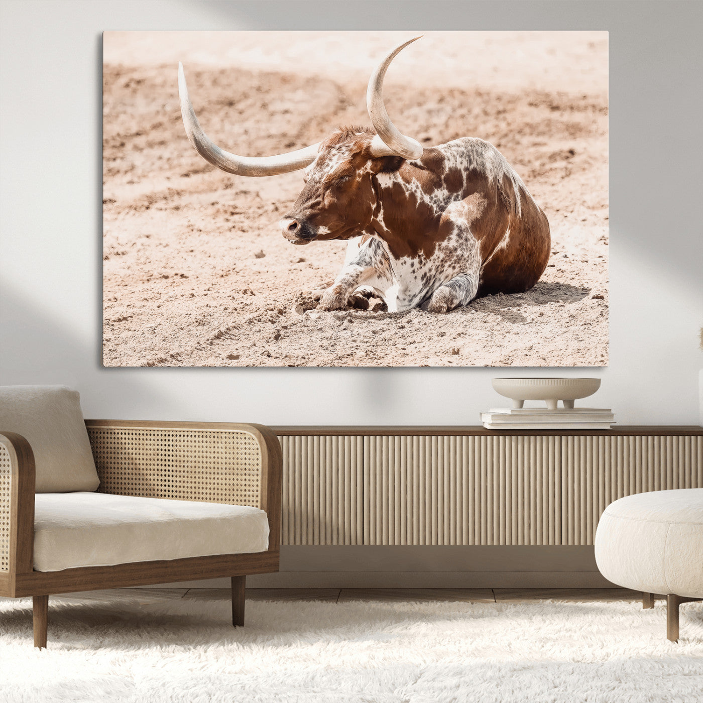 91248682-MGV-CV-36X24-Texas Longhorn Wall Art Canvas Print, Framed Resting Bull Art Picture Print, Spotted Cattle Perfect Rustic Western Decor Artwork