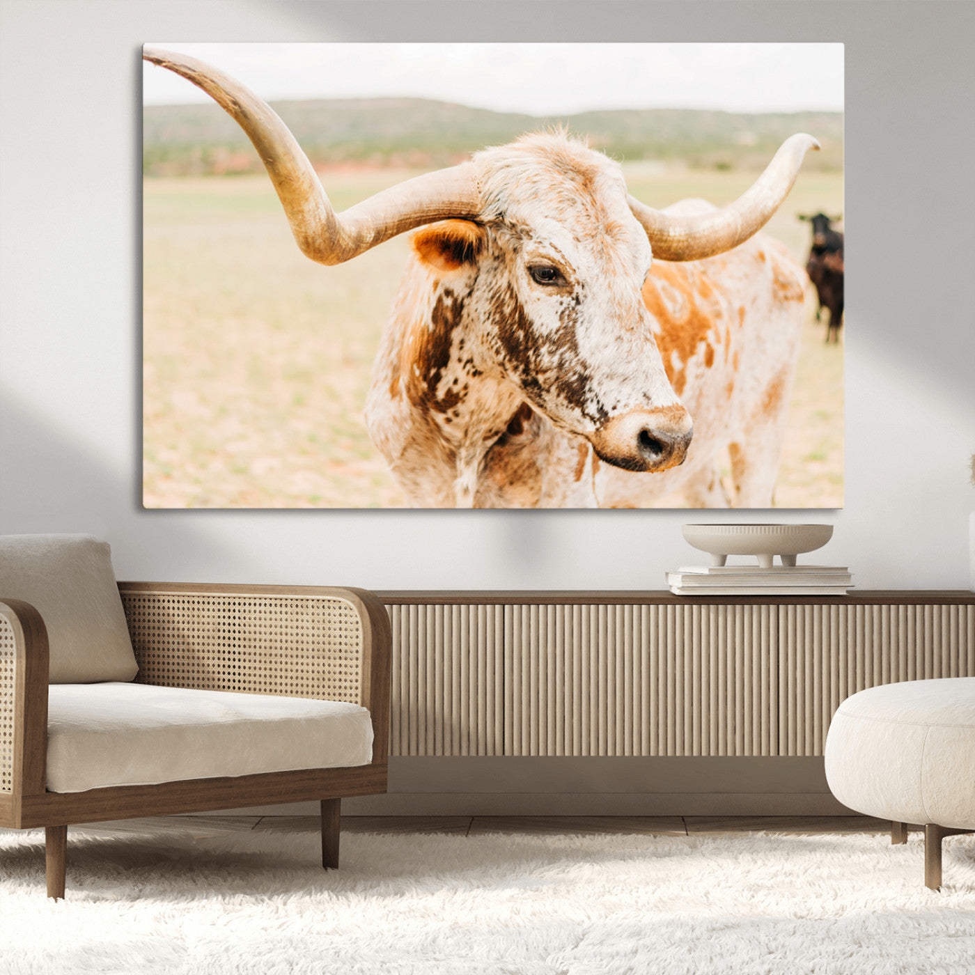 21060648-MGV-CV-36X24-Texas Longhorn Wall Art Canvas Print, Framed Speckled Cow Art Picture Print, Rustic Bull Perfect Rustic Western Decor Artwork