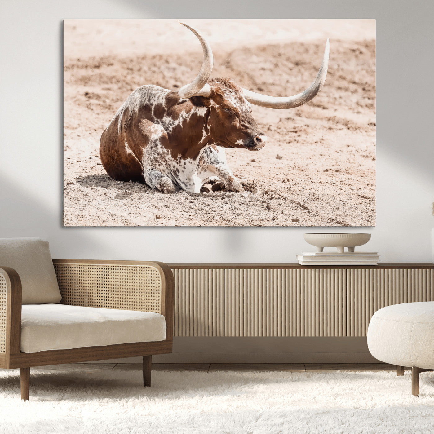 25407592-MGV-CV-36X24-Texas Longhorn Wall Art Canvas Print, Framed Resting Bull Art Picture Print, Spotted Cattle Perfect Rustic Western Decor Artwork