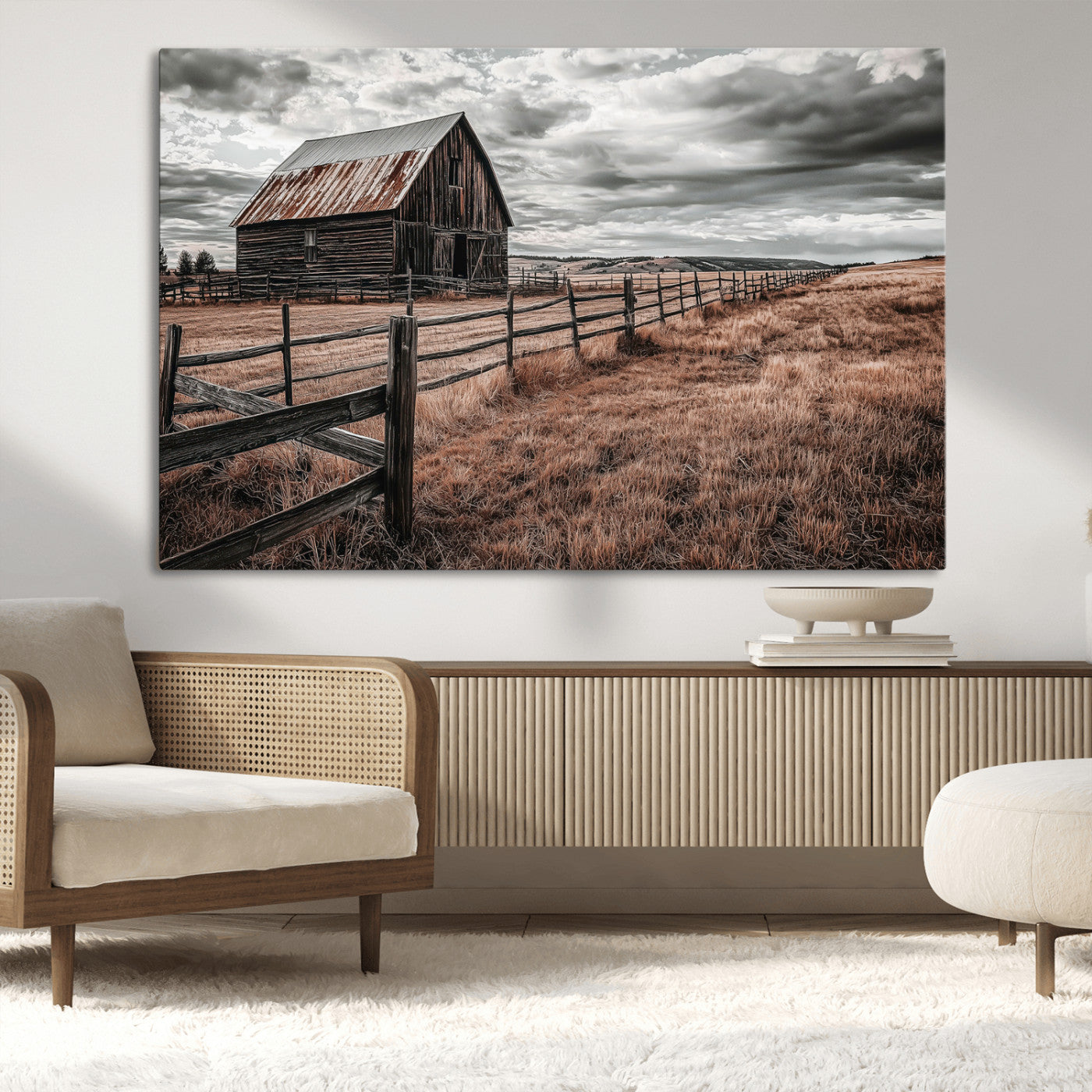 73898372-MGV-CV-36X24-Rustic Barn Wall Art Canvas Print, Framed Moody Field Art Picture Print, Weathered Fence Perfect Moody Farmhouse Decor Artwork