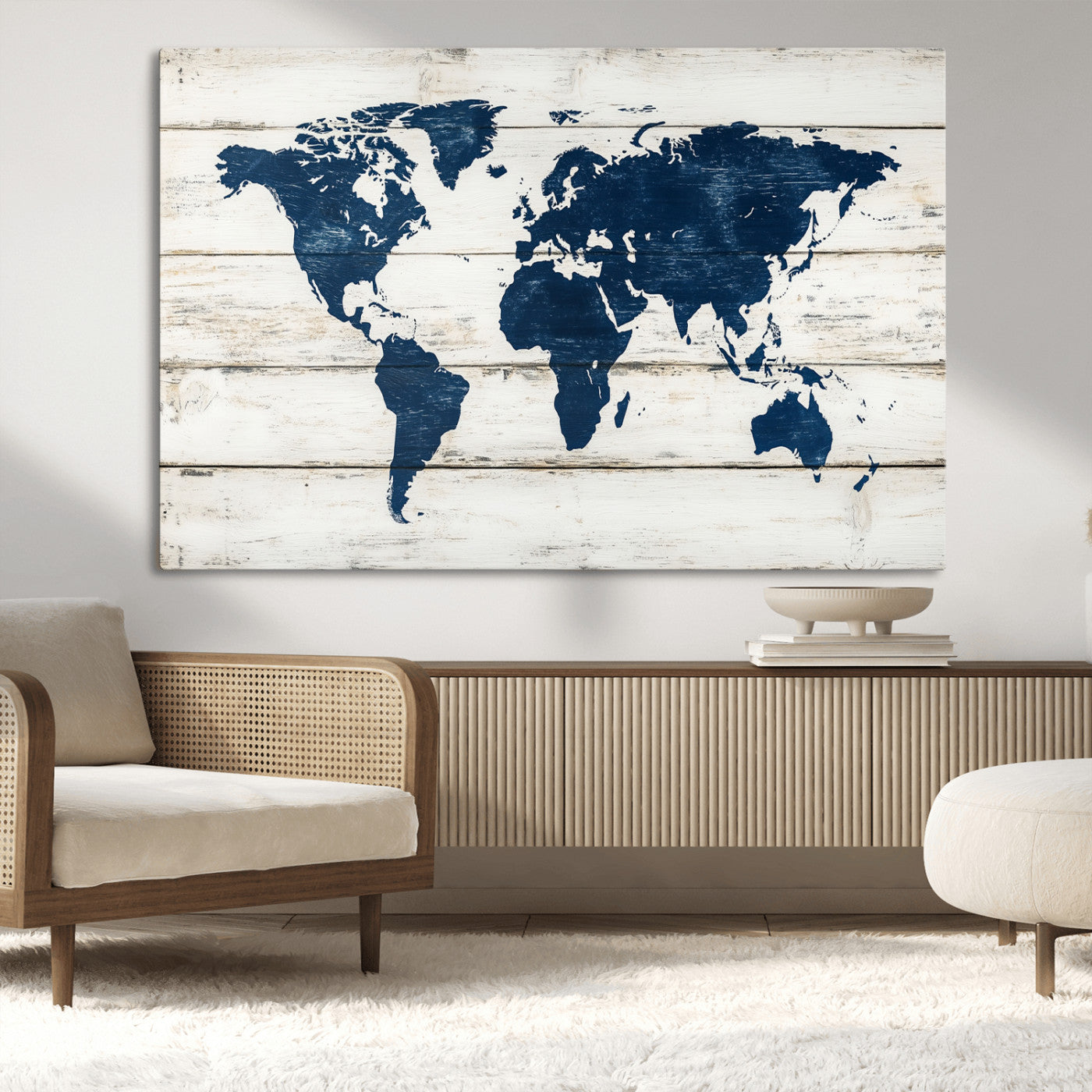 42865106-MGV-CV-36X24-World Map Wall Art – Rustic Blue and White Triptych Canvas for Modern Home or Office Decor, Coastal Style Wall Art for Living Room