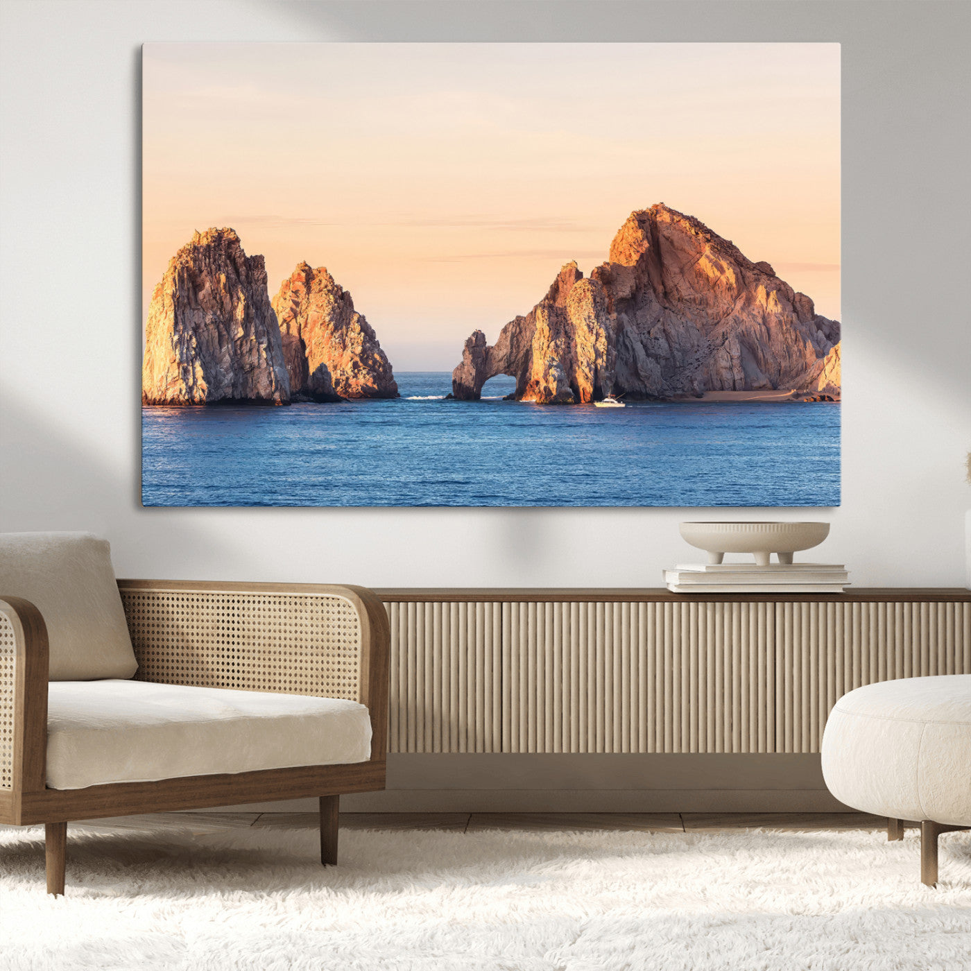 72996116-MGV-CV-36X24-El Arco Wall Art Canvas Print, Framed Cabo Rocks Art Picture Print, Ocean Arch Perfect Golden Coastal Landmark Decor Artwork