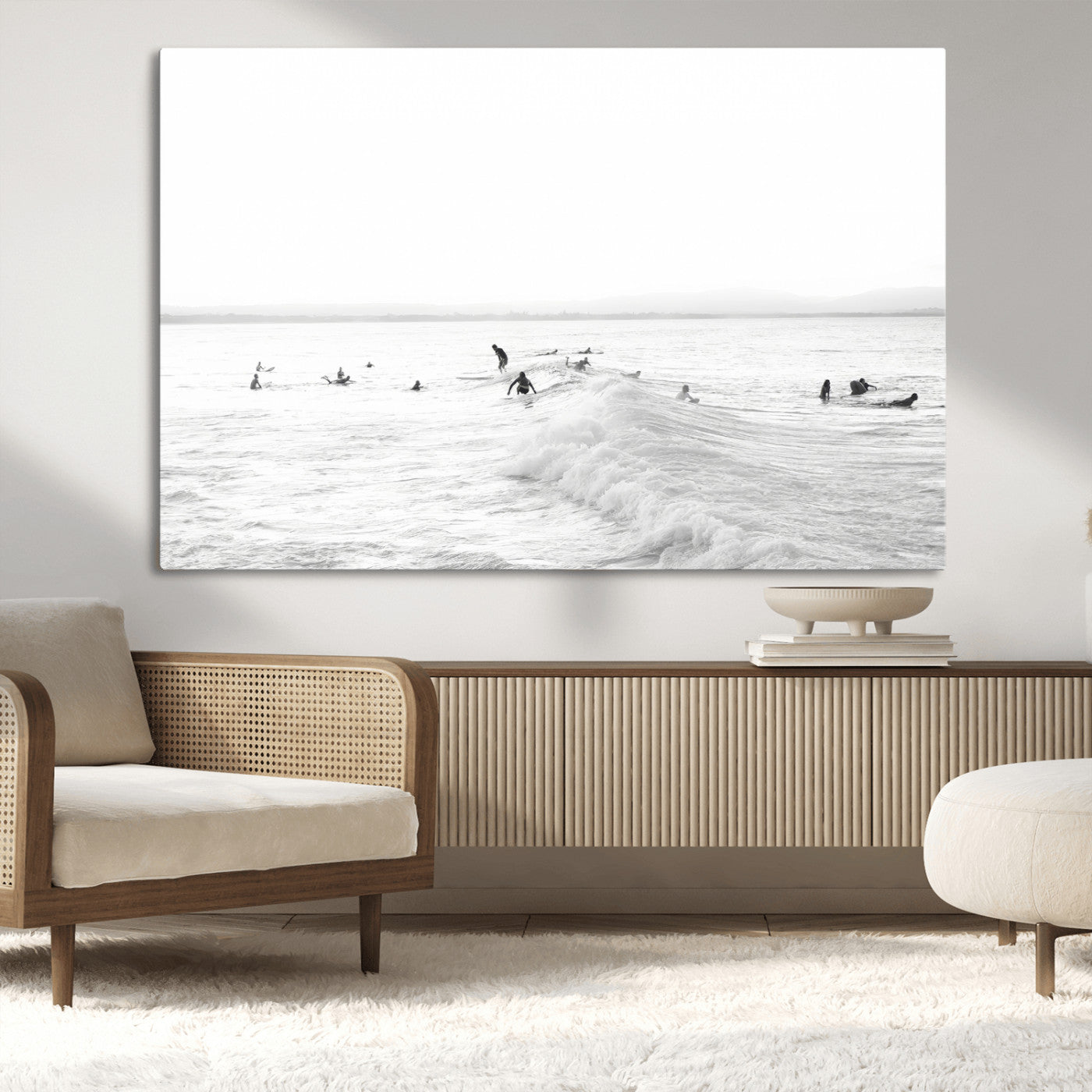 33449548-MGV-CV-36X24-Group Surfers Wall Art Canvas Print, Framed Ocean Wave Art Picture Print, Surf Crowd Perfect Monochrome Surf Decor Artwork