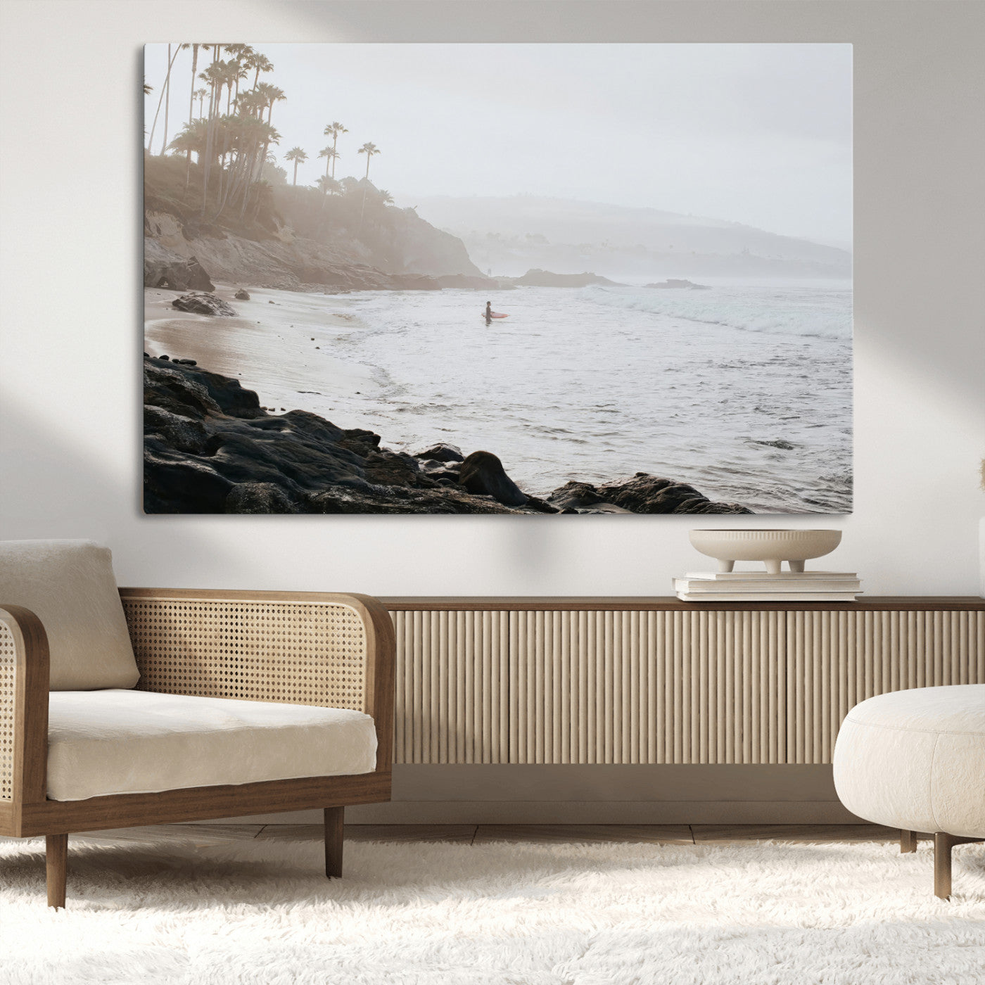 62501405-MGV-CV-36X24-Misty Beach Wall Art Canvas Print, Framed California Surfer Art Picture Print, Coastal Cliff Perfect Coastal Beach Decor Artwork