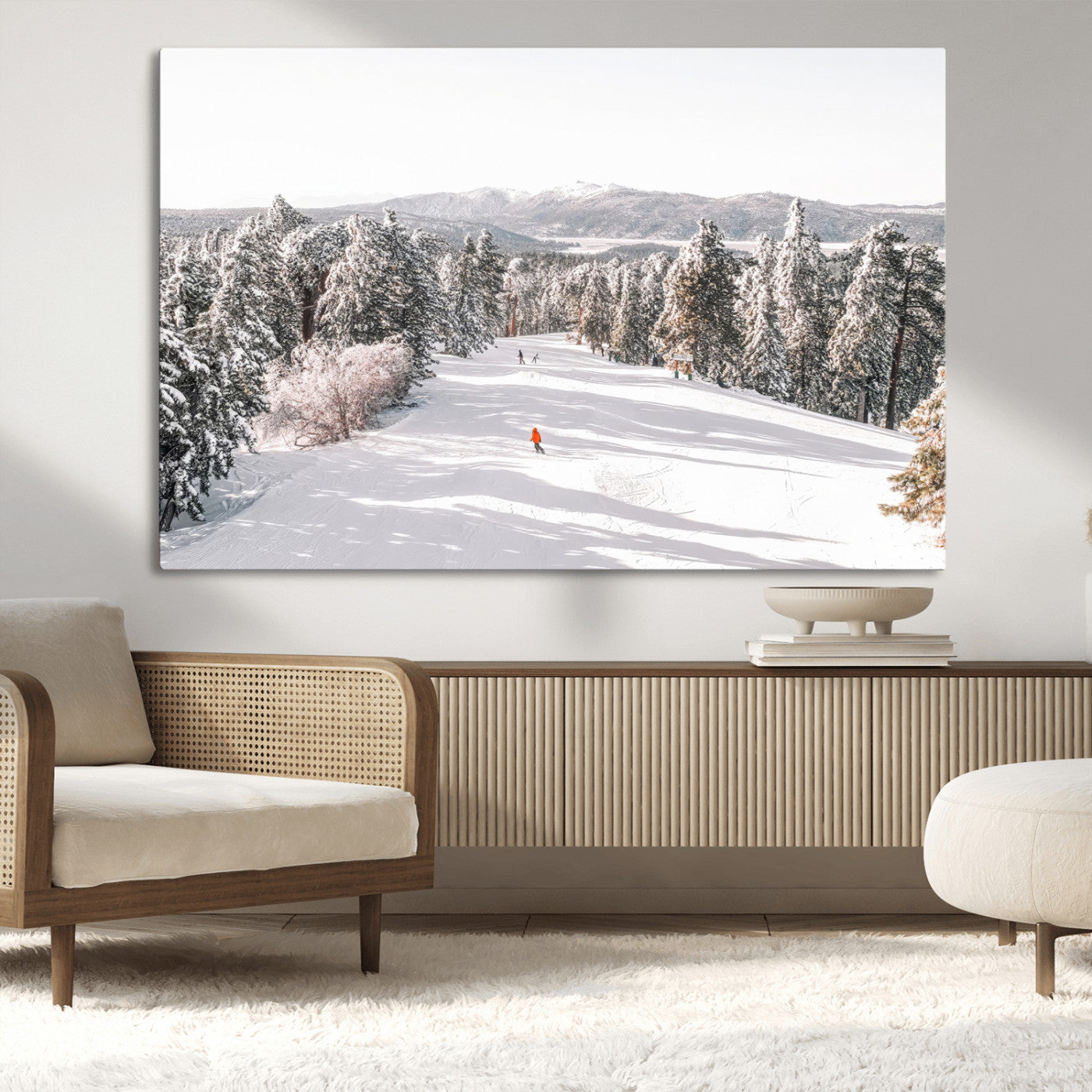62119206-MGV-CV-36X24-Snowy Trail Wall Art Canvas Print, Framed Ski Slope Art Picture Print, Winter Pines Perfect Alpine Adventure Decor Artwork