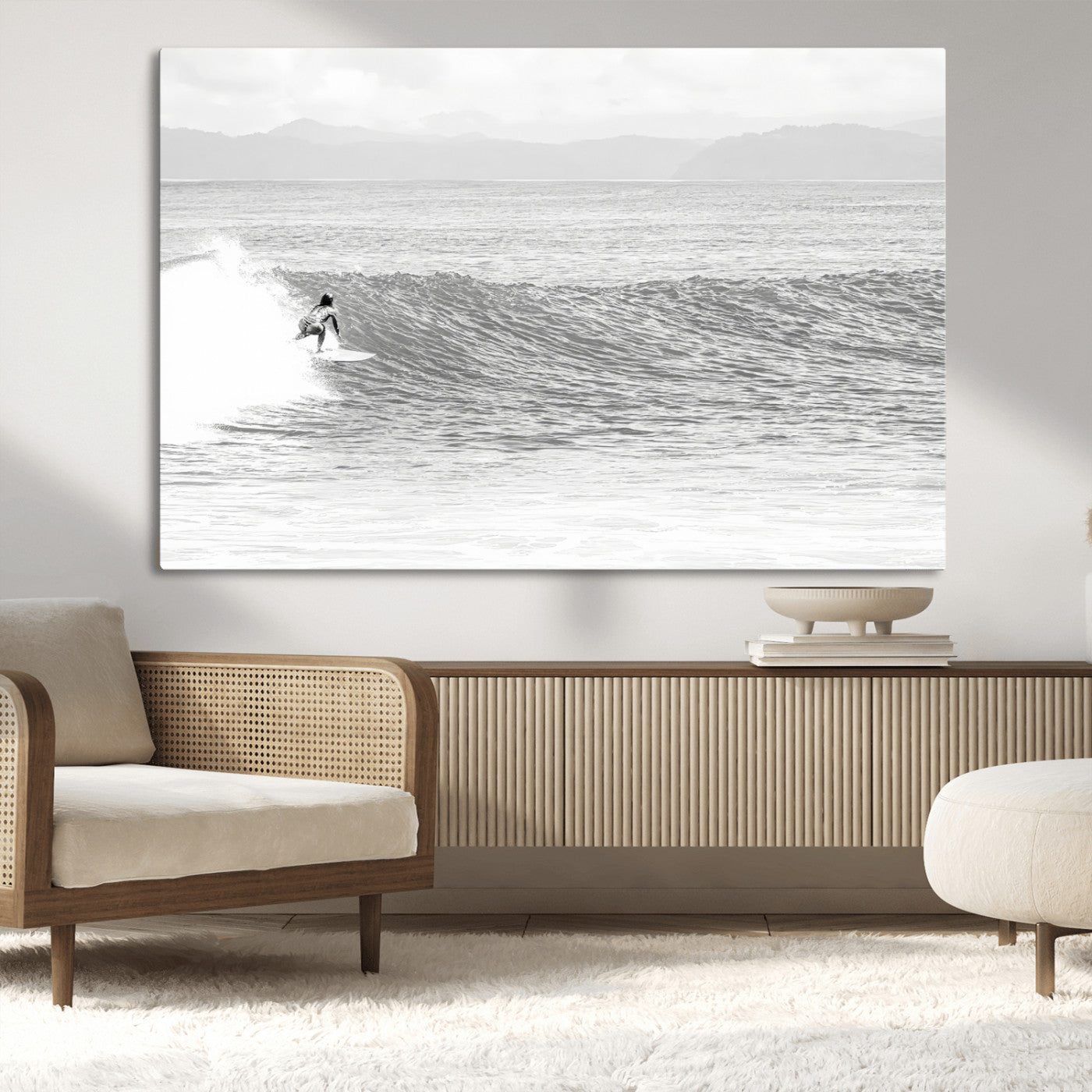 81535128-MGV-CV-36X24-Surfer Woman Wall Art Canvas Print, Framed Black Ocean Art Picture Print, Ocean Surfing Perfect Monochrome Coastal Decor Artwork