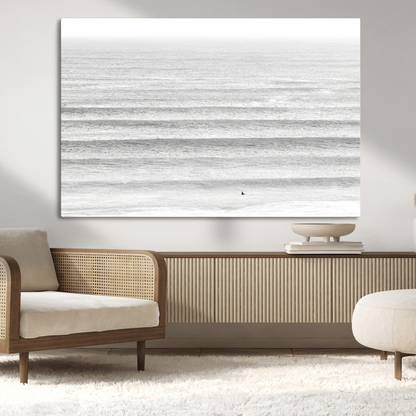 66534476-MGV-CV-36X24-Lone Surfer Wall Art Canvas Print, Framed Ocean Waves Art Picture Print, Minimal Sea Perfect Minimal Coastal Decor Artwork