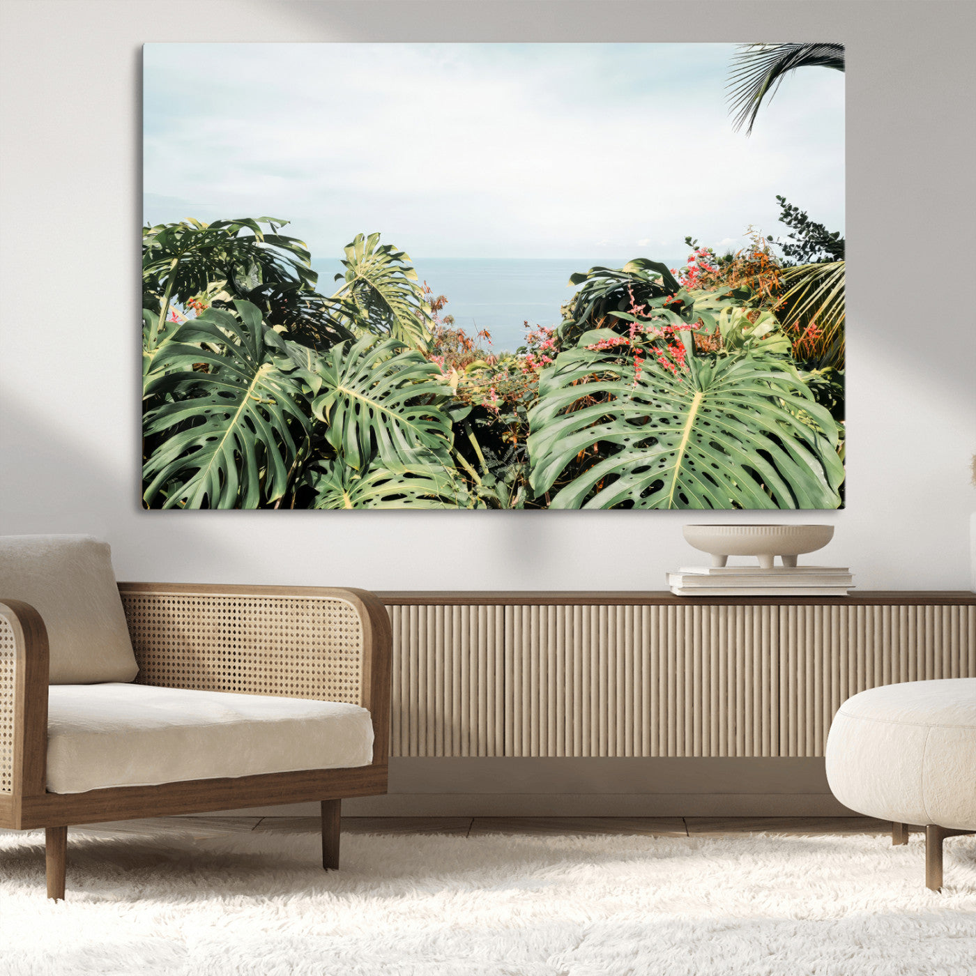 45700479-MGV-CV-36X24-Monstera Leaves Wall Art Canvas Print, Framed Tropical Ocean Art Picture Print, Tropical Foliage Perfect Tropical Coastal Jungle