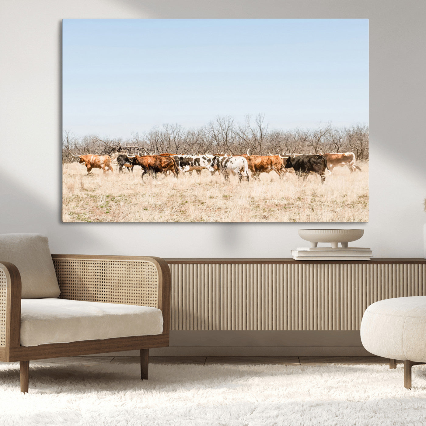 16563092-MGV-CV-36X24-Texas Longhorns Wall Art Canvas Print, Framed Western Cattles Art Picture Print, Rustic Herd Perfect Rustic Farmhouse Decor